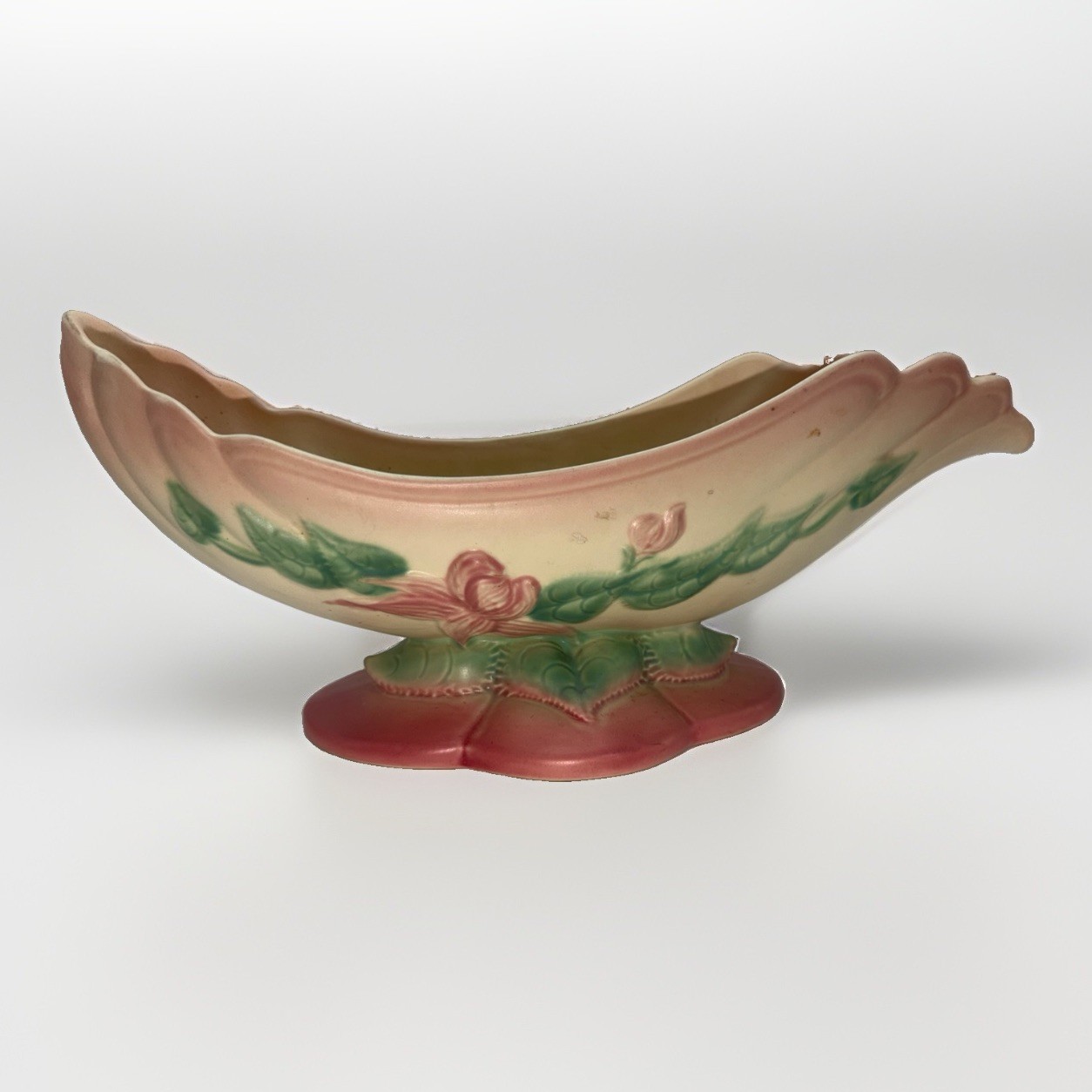 Vintage Hull Pottery Woodland W29 Console Bowl Planter Matte Pink Green Floral