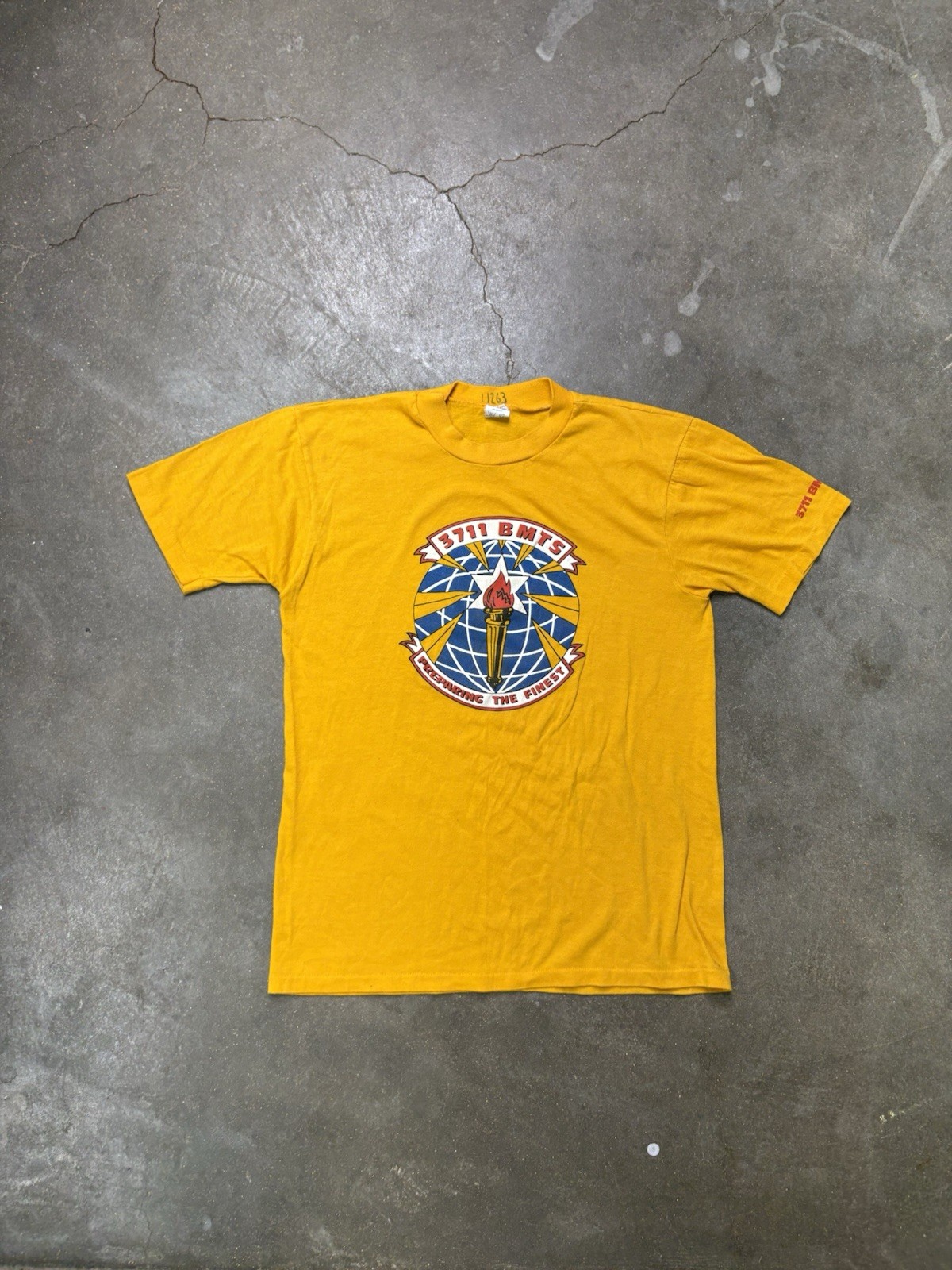 Vintage 1970s 1980s Yellow Air Force Training Squad Torch Tee 3711 BMTS Small