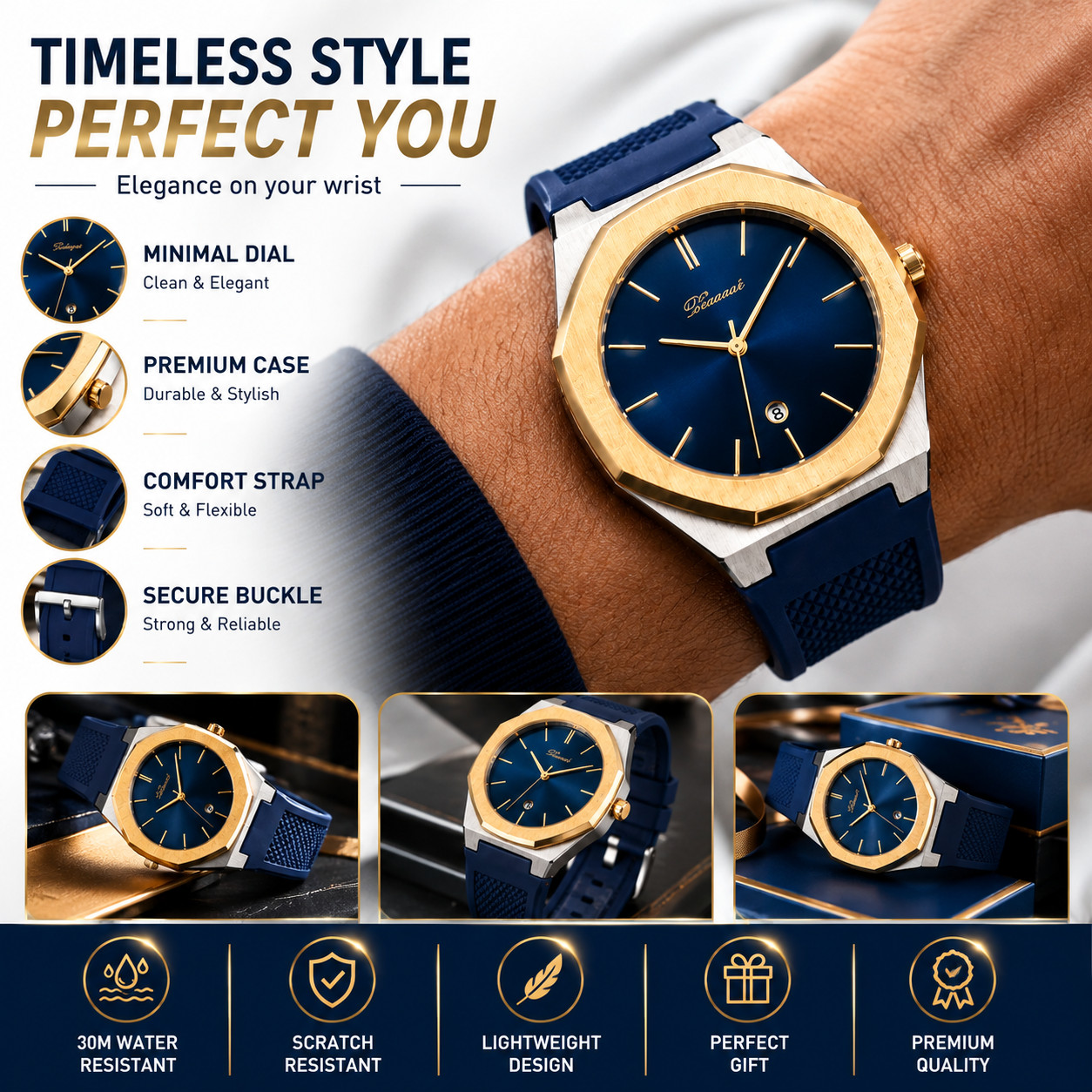 Men\'s Luxury Gold & Blue Octagon Watch, Silicone Strap, Date Display, Waterproof