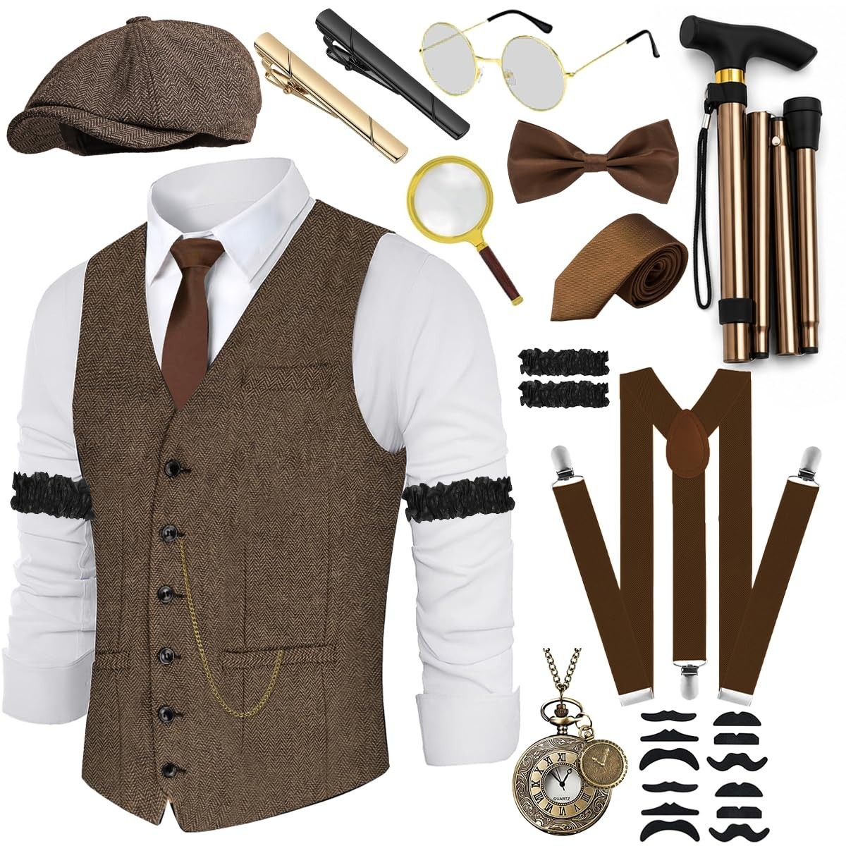 1920s Men\'s Costume Set with Roaring 20s Accessories | Vintage Flapper Outfit