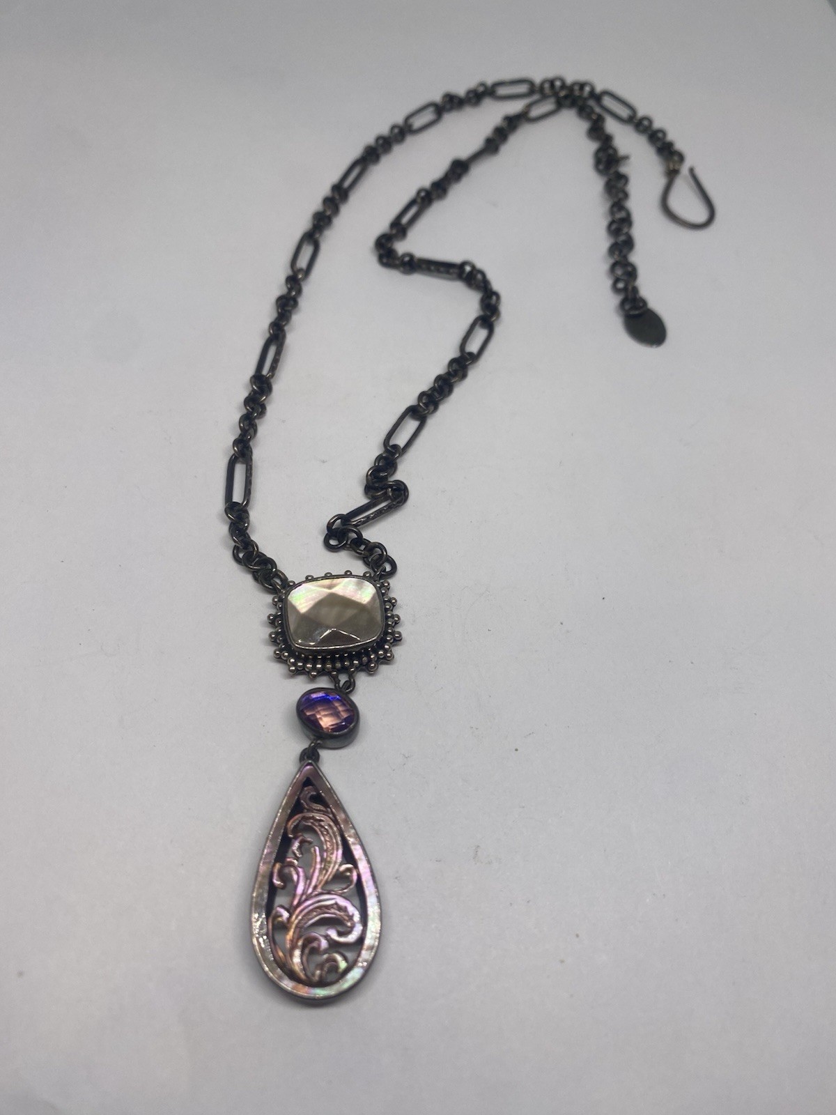 18” 15.6g 925 CARVED MOTHER OF PEARL AMETHYST FINE STERLING SILVER NECKLACE 18” 15.6g 925 CARVED MOTHER OF PEARL AMETHYST FINE STERLING SILVER NECKLACE