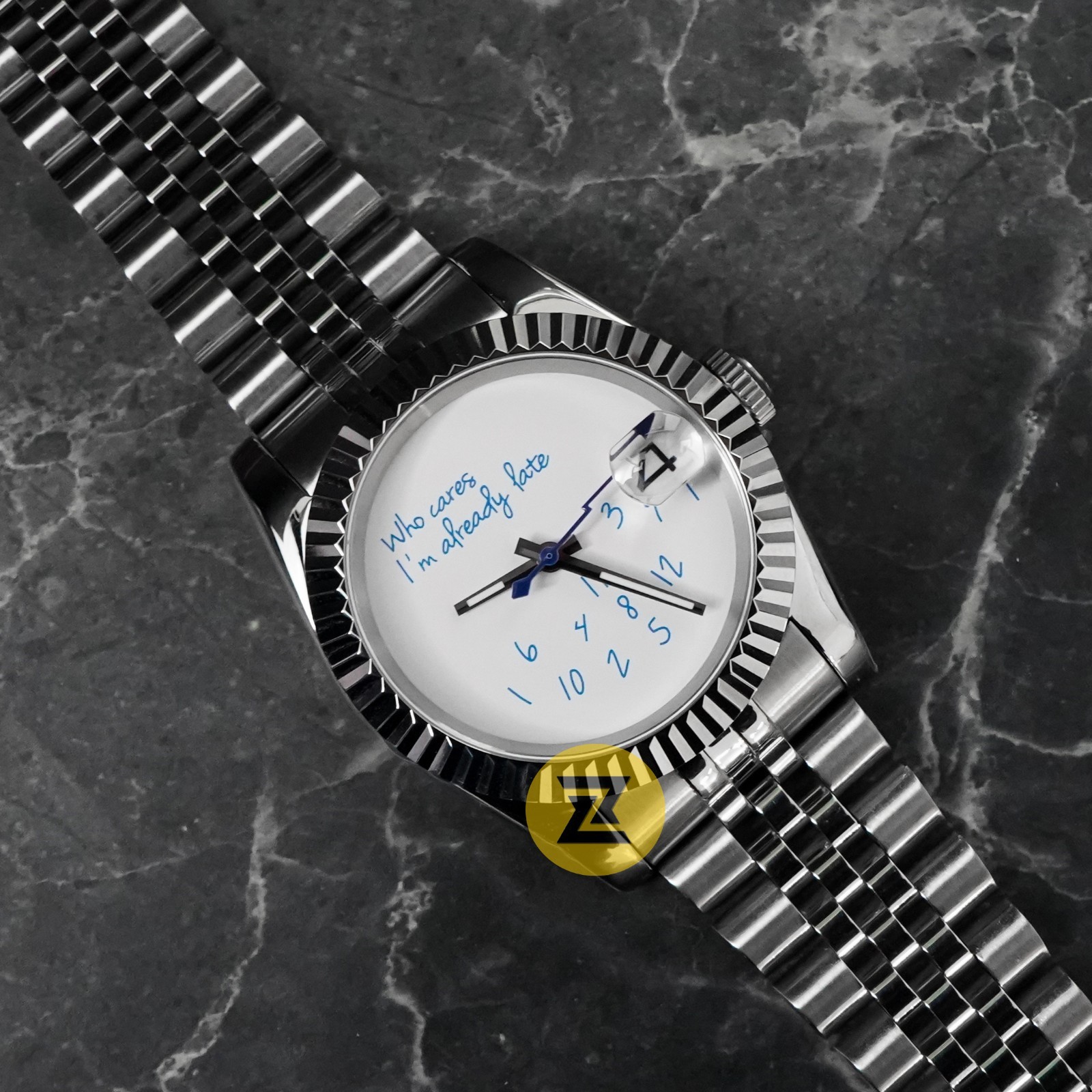 Custom Made 36mm Who Cares I\'m Already Late DJ Watch NH35 Regulated Movement