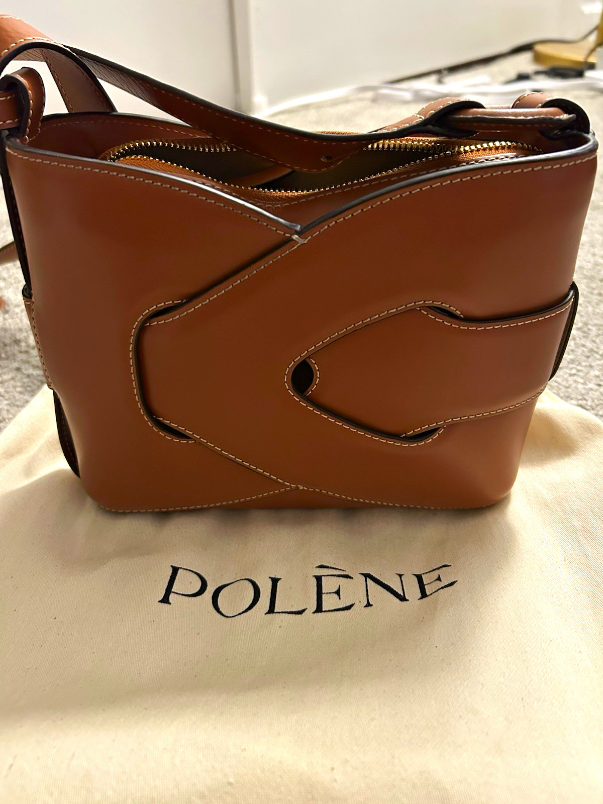 Polène Nodde Cognac Smooth Small Crescent Crossbody Zip Bag w/ Dust Bag