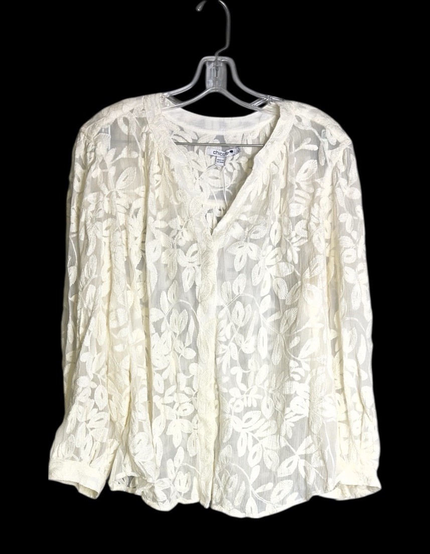 Chico’s Solid Embroidered Crinkle Blouse  Sheer Size 16 NWT