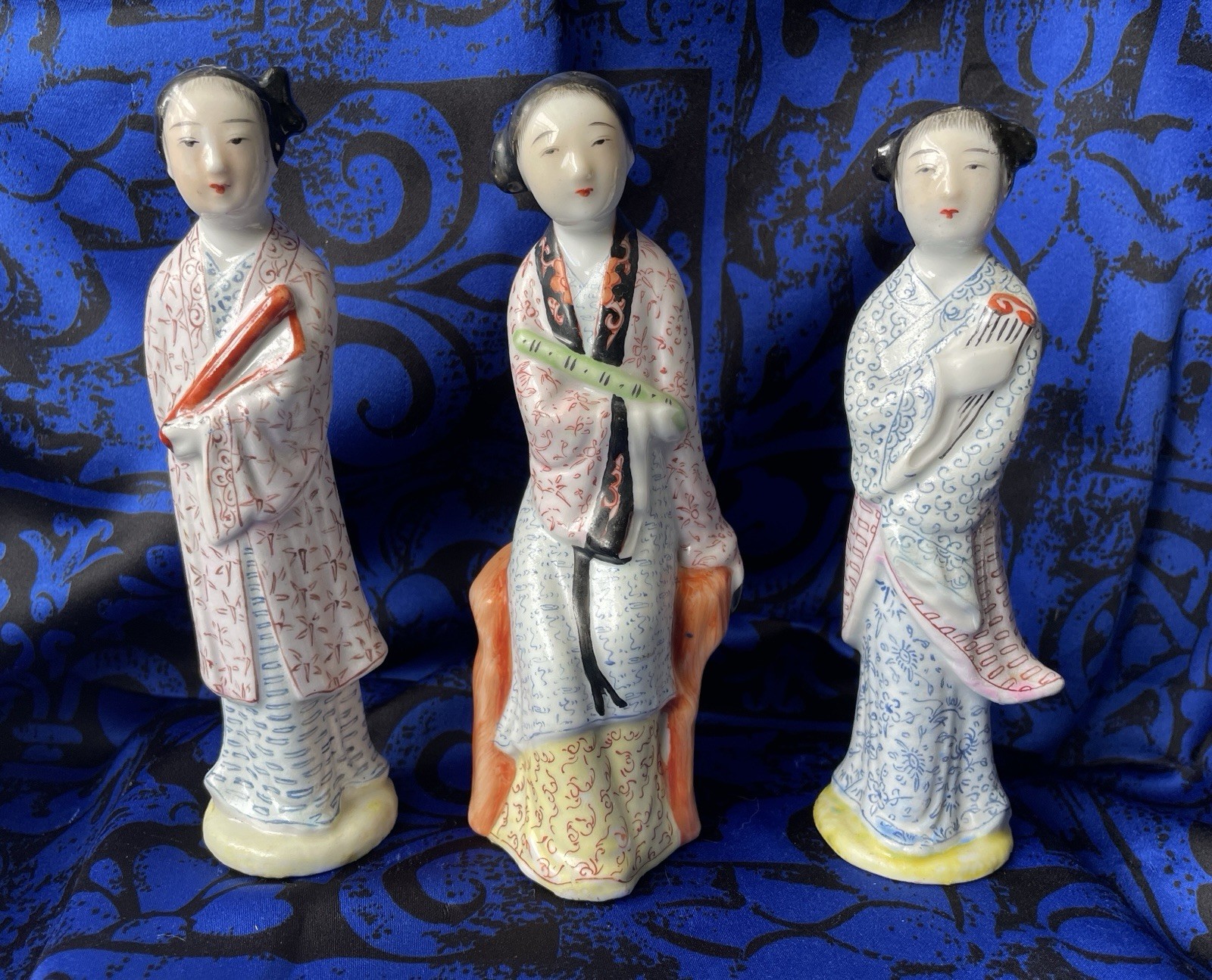 Trio Of Antique Famille Rose Chinese Figurines Female Musicians Porcelain