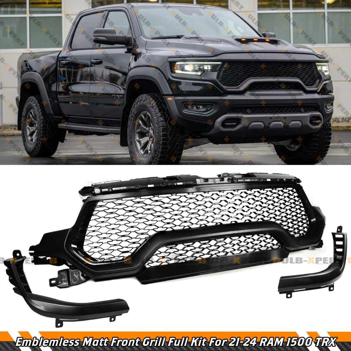 For 21-24 RAM 1500 TRX Emblemless Matte Black Front Upper Grille Replacement Kit