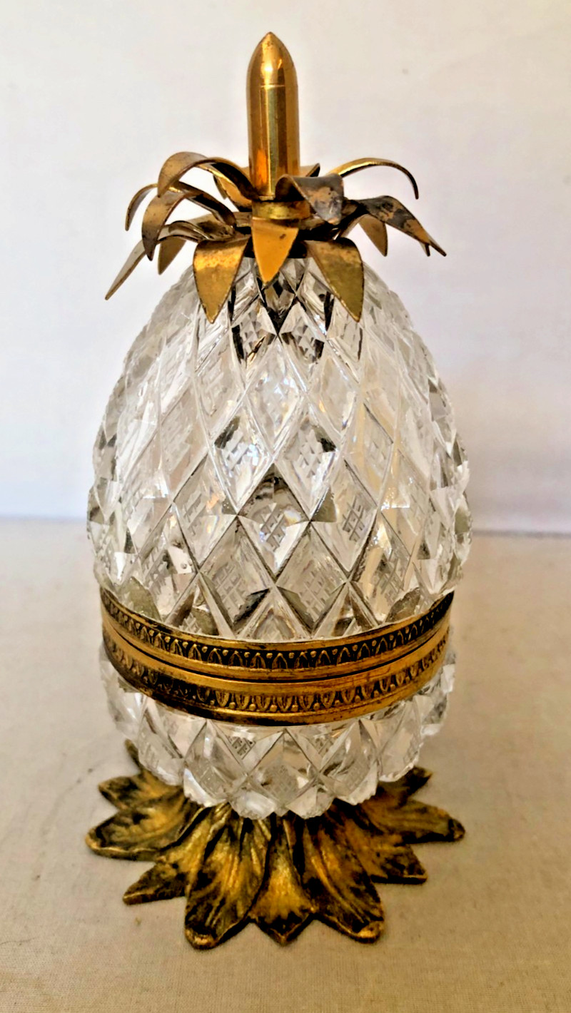 Antique French Hand Cut Glass and Gilded Bronze Hinged Box in Pineapple Shape.