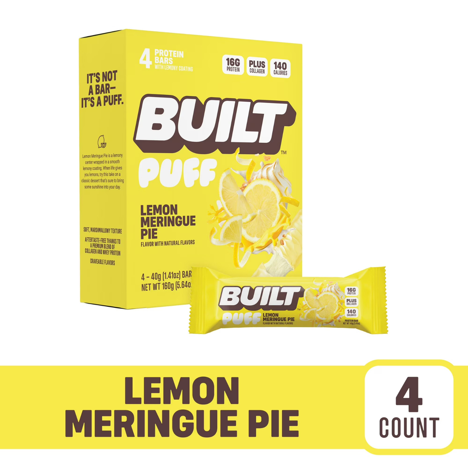 BUILT Bar, Puff Protein Bar, Lemon Meringue Pie, 16G Protein, Collagen, 150 Calo