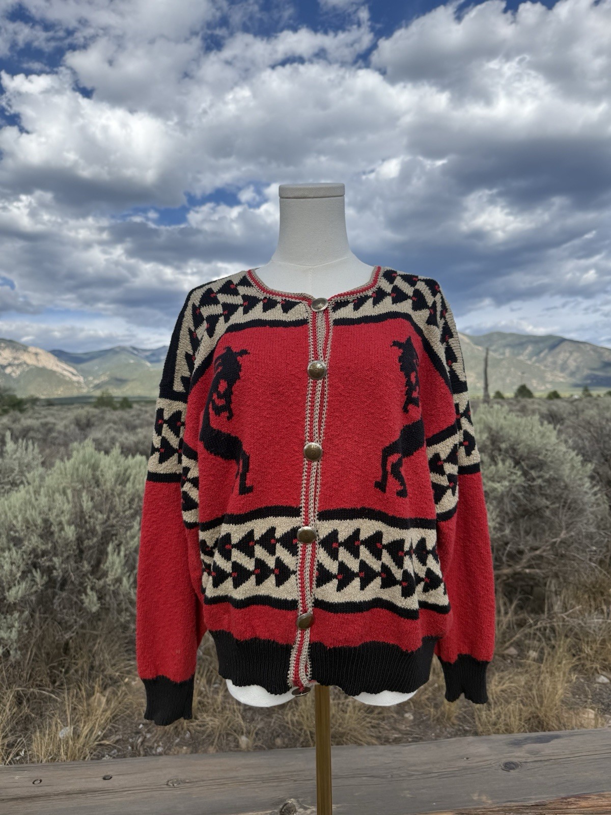 Vintage Southwestern Kokopelli Geometric Button Sweater Knit Hand Loomed Conchos