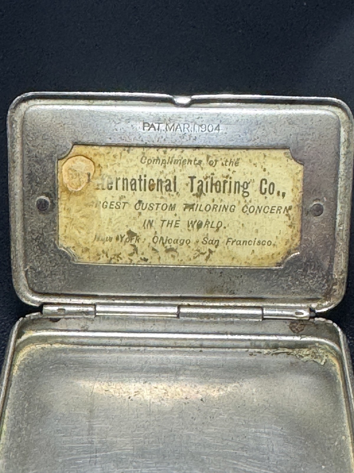 Antique 1904 International Tailoring Co Advertising Match Safe Vesta Case Lion