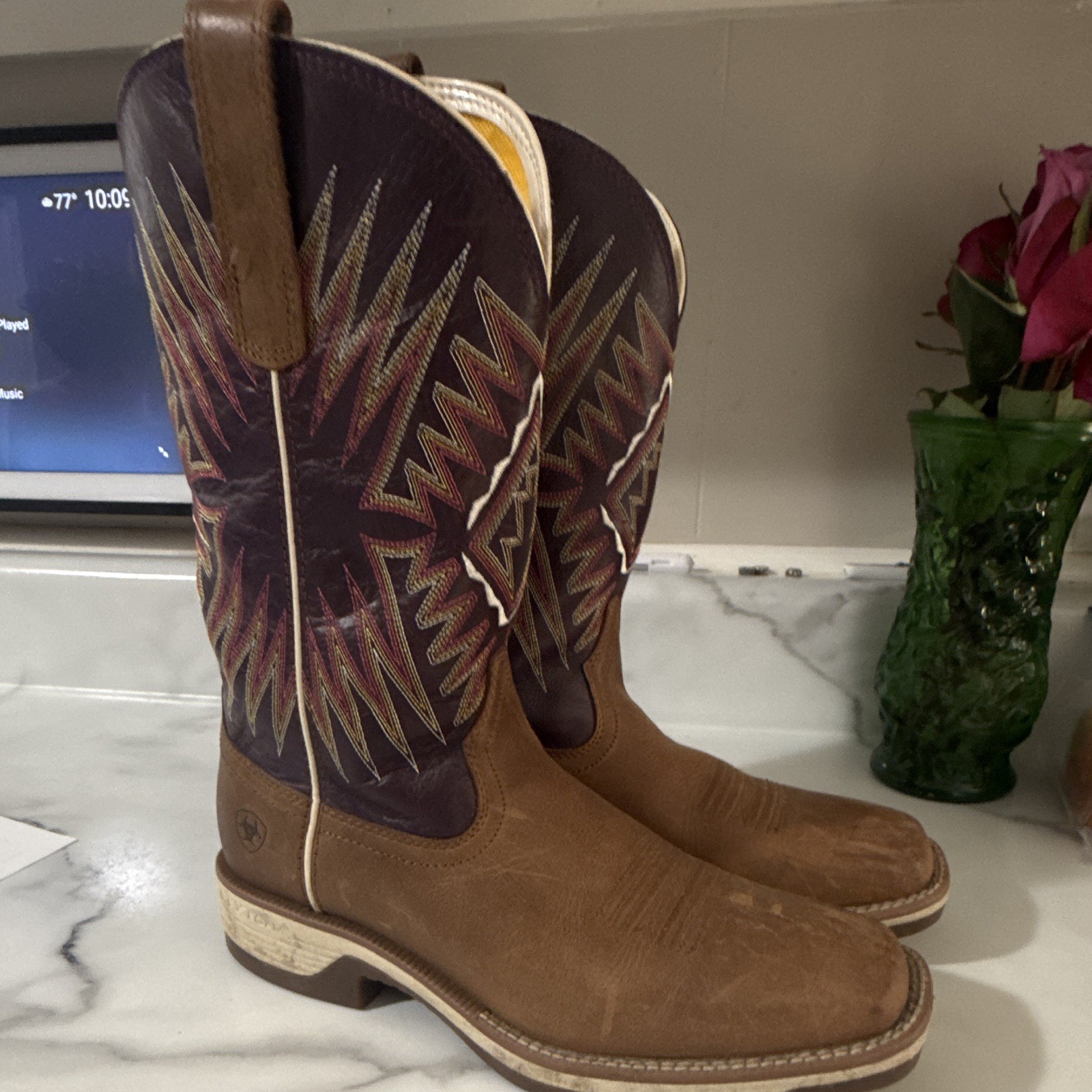 Ariat Women’s Western Pull-On Boots Brown Leather Purple Shaft US 8.5B
