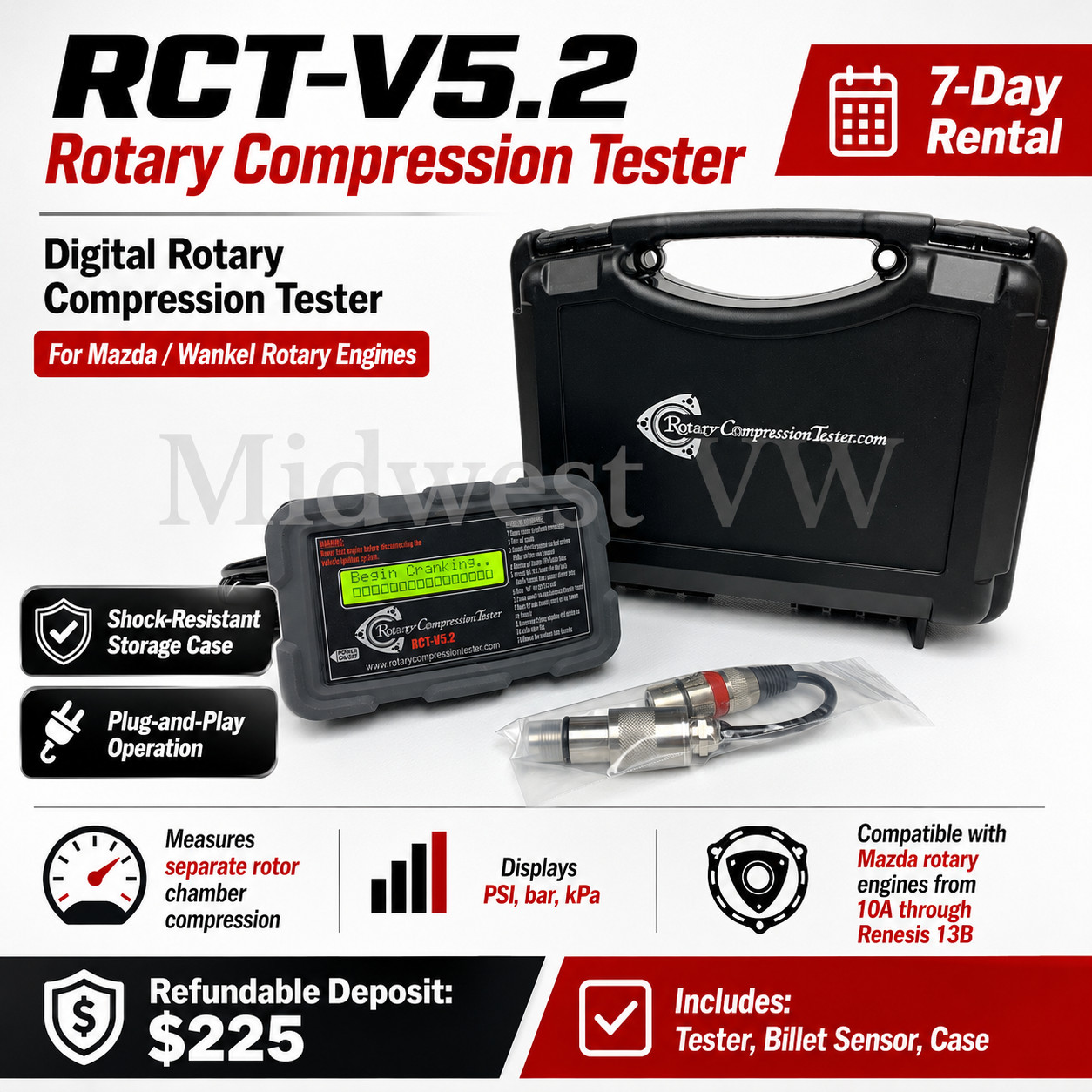 👍 7 Day Rental, Mazda Rotary Compression Tester RCTV5.2 Rx7 Rx8 10a 12a
