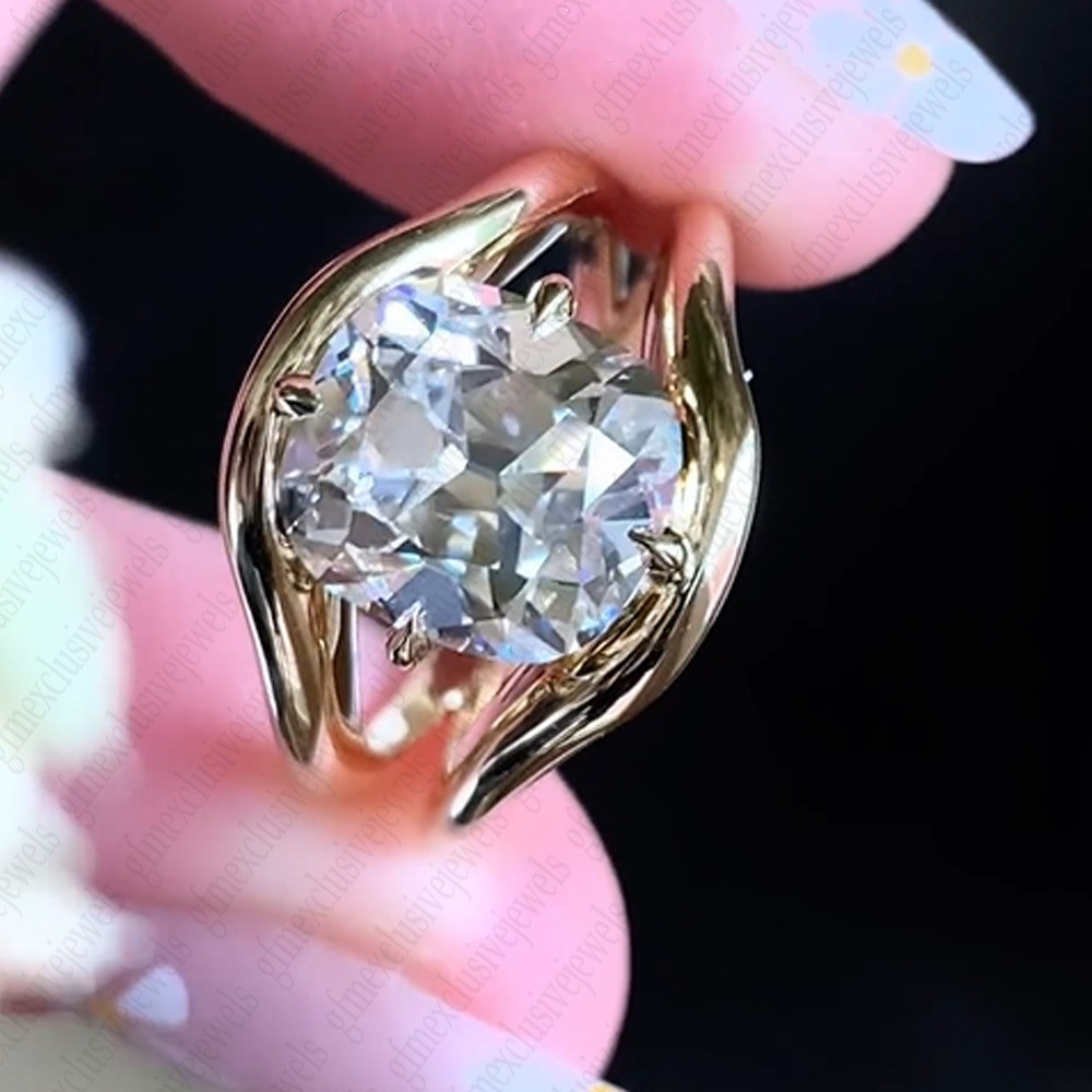 4.25Ctw Elongated Cushion Moissanite Split Shank Engagement Ring 14K Yellow Gold