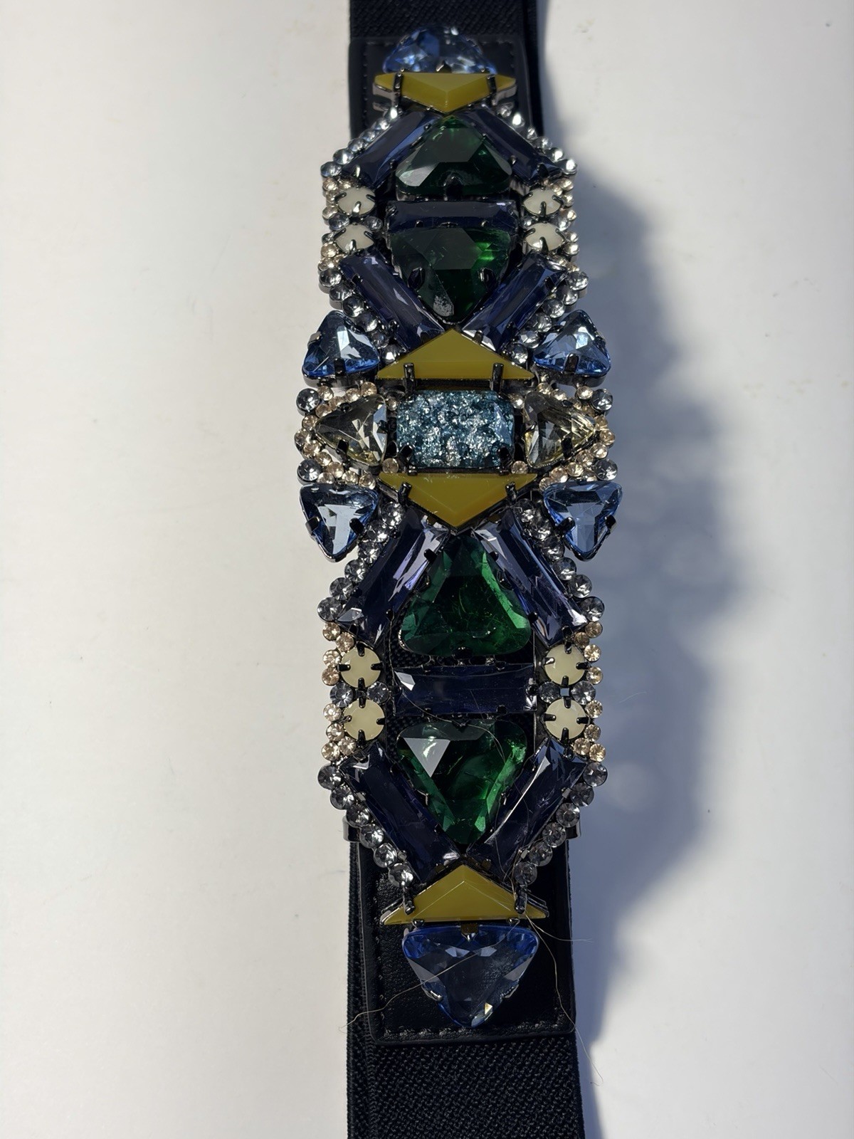 BCBG Maxazaria Elastic Belt Multi-gem Stone Art Deco Inspired Adjustable 1” Wide