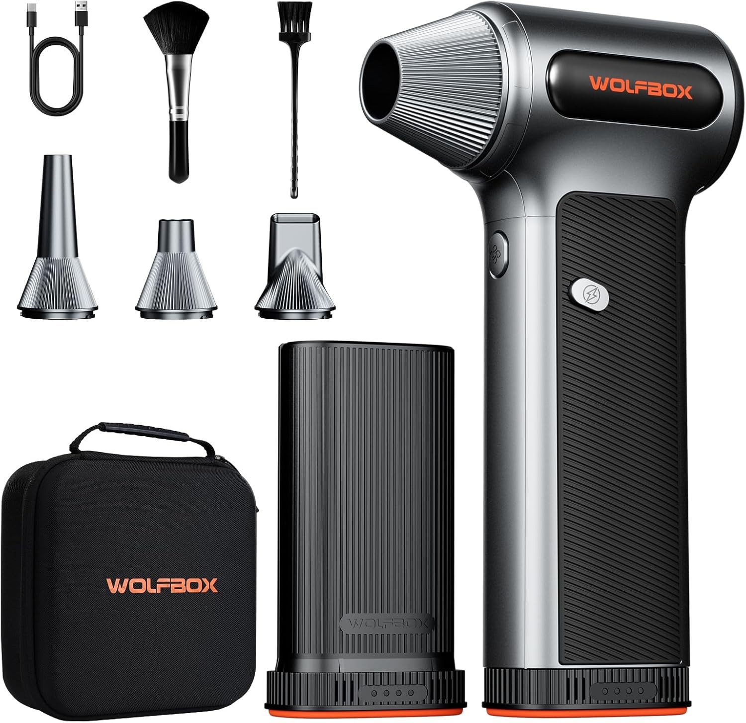 WOLFBOX MF200-2PK Compressed Air Duster Turbo Fan 2 Swappable Battery Packs&Case