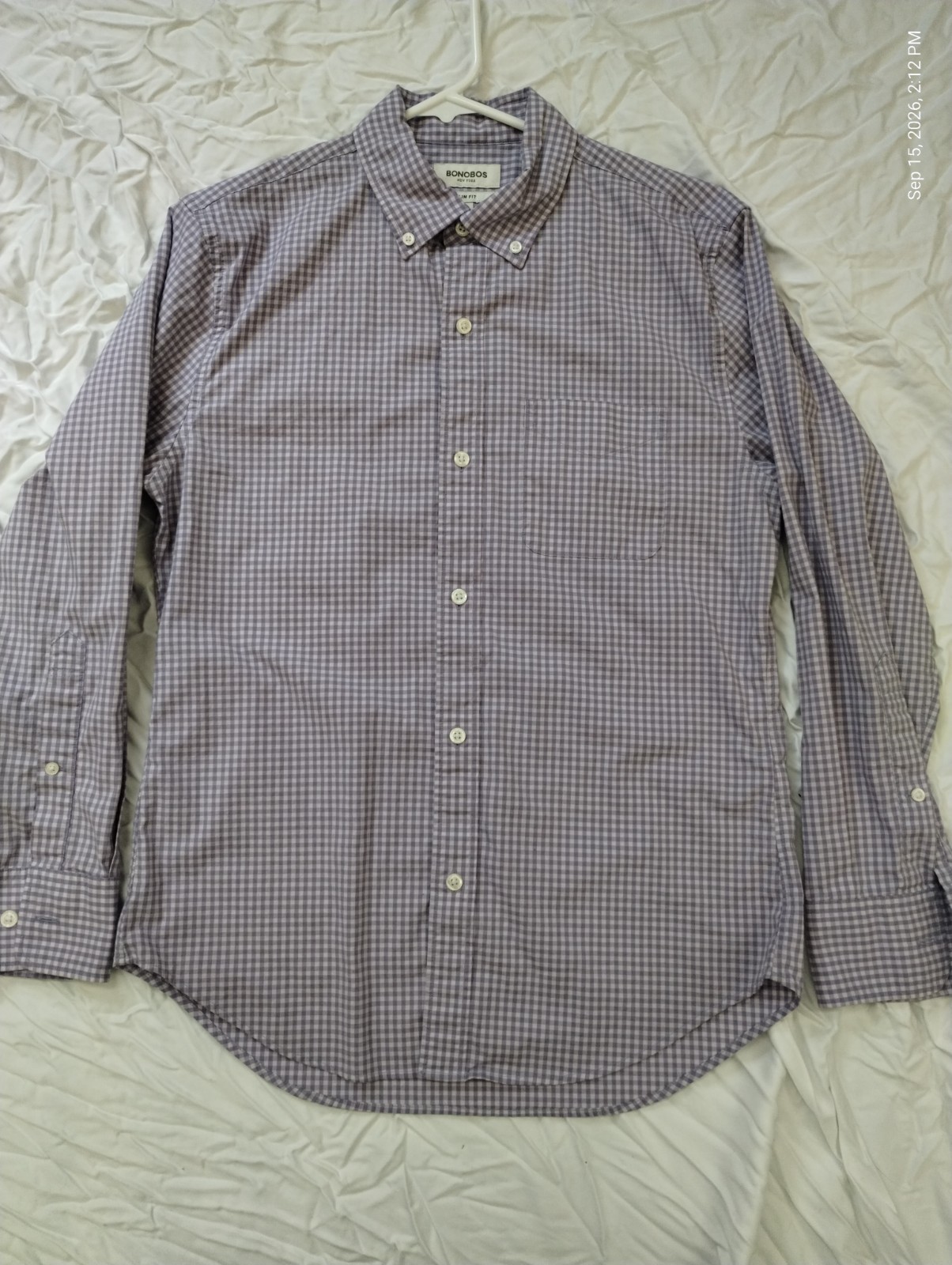 Bonobos mens small short button down lilac-white gingham check