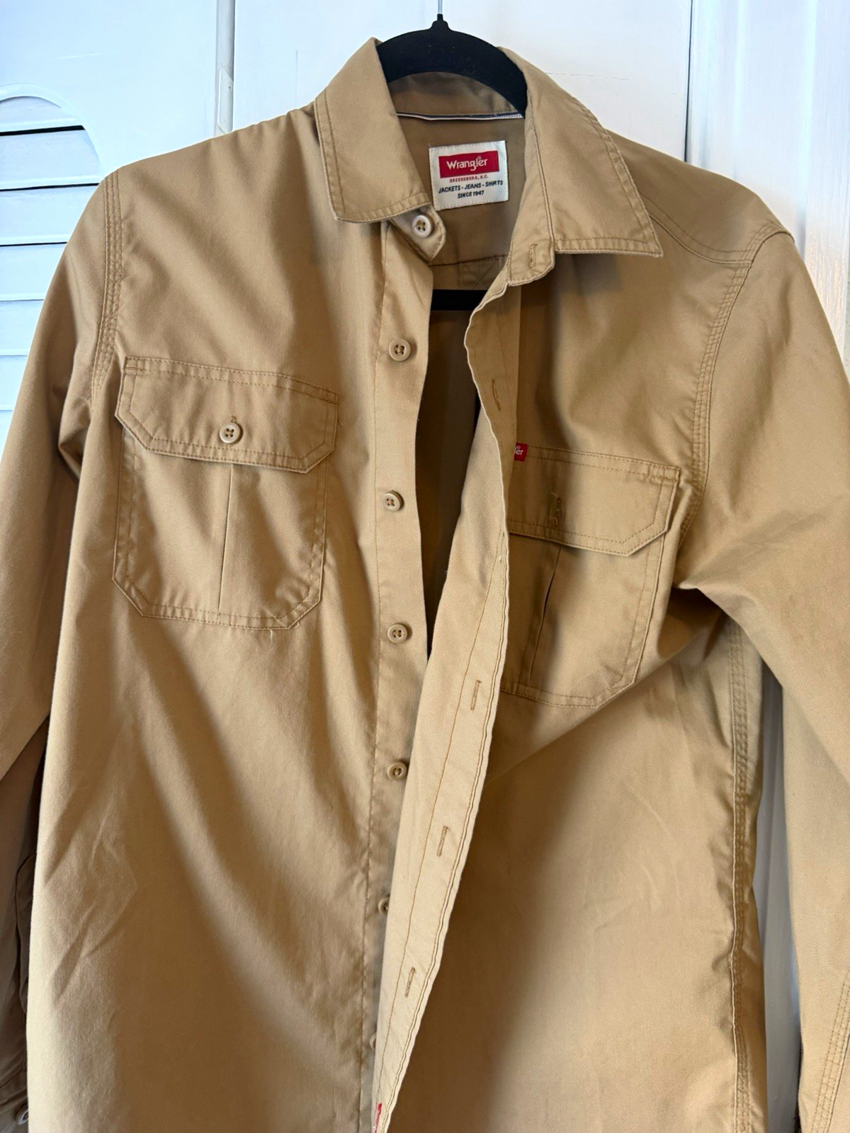 Wrangler Men\'s S Long Sleeve Button-Up Shirt Cotton Spread Collar Solid Beige Wrangler Men\'s S Long Sleeve Button-Up Shirt Cotton Spread Collar Solid Beige