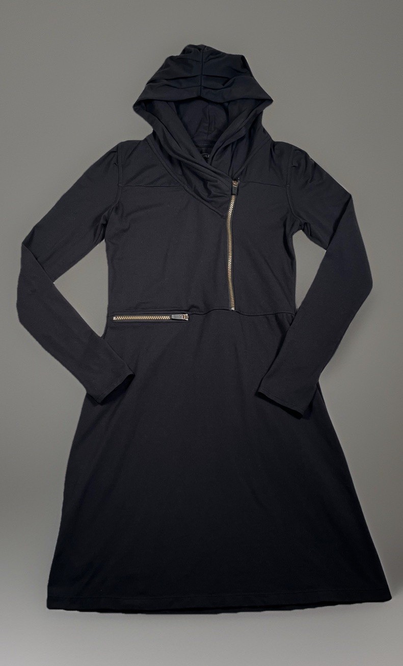 Athleta Bliss Hoodie Dress Women XS Black Assymetical Zipper Short Casual
