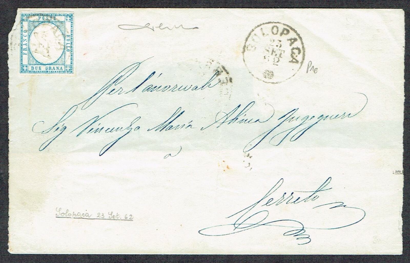 Italy1862 Neapolitan Provinces 2g Blue SOLOPACA-CERRETO GUARDIA SANFRAMONDI