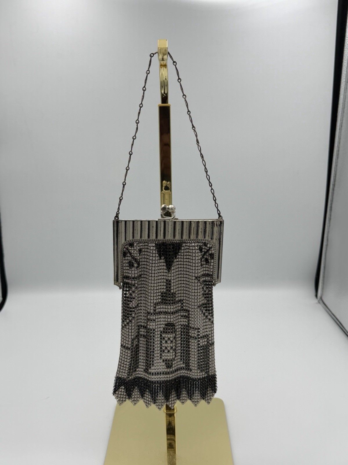 Whiting & Davis Art Deco Mesh Bag Black White Cream Geometric Purse