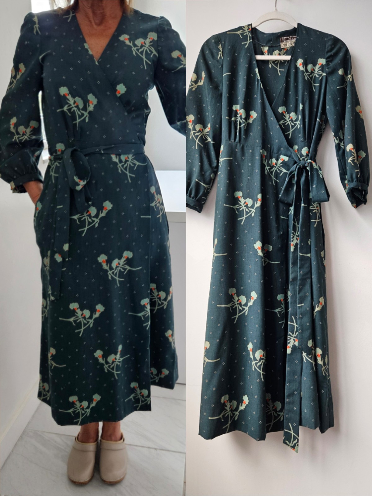 Sonia Rykiel Vintage 70\'s Green Floral Long Sleeve Wrap Dress