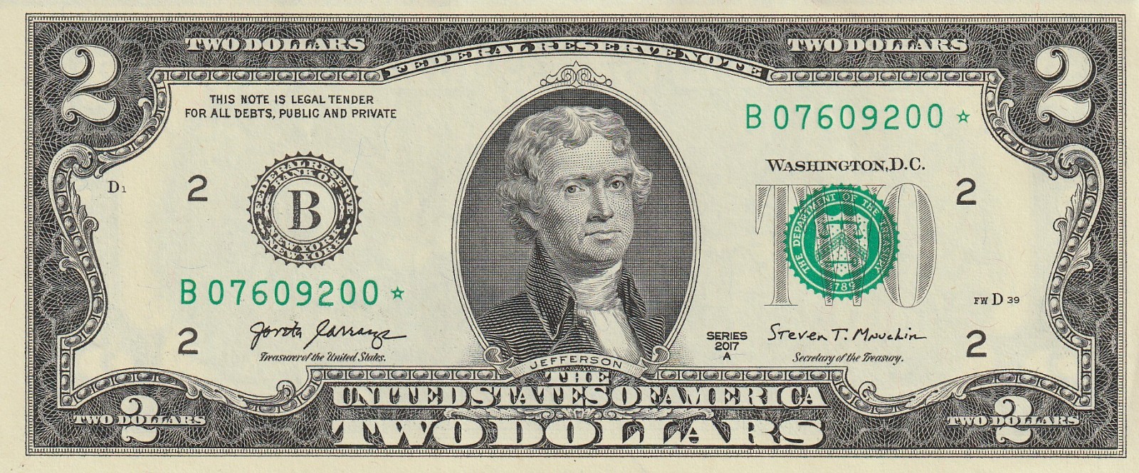 USA 2017 A UNCIRCULATED TWO DOLLAR STAR NOTE