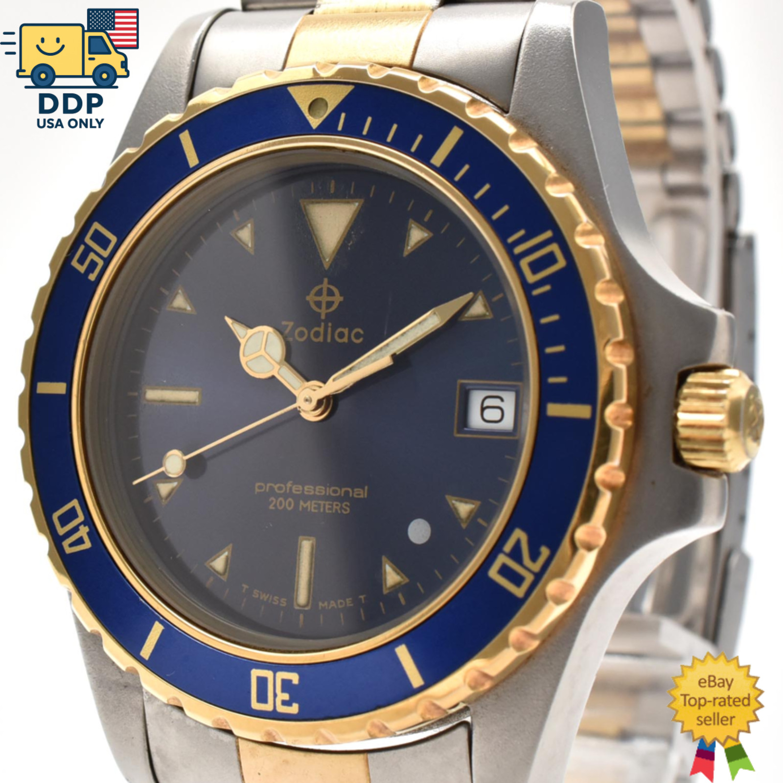 ZODIAC PROFESSIONAL VINTAGE 200M 206.26.04CB GOLD BLUE Quartz Men\'s [Exc+5]