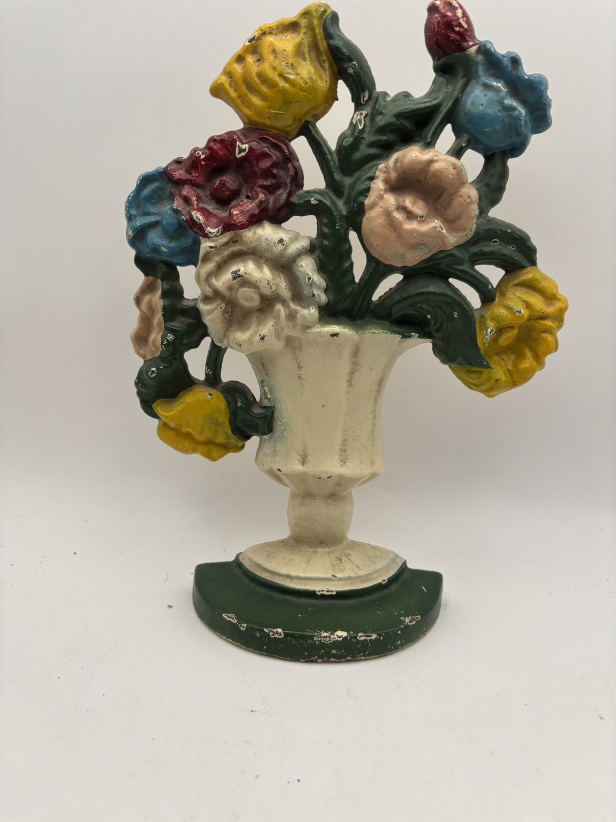 Vintage Hubley Stamped #1 Cast Iron Painted Floral Doorstop