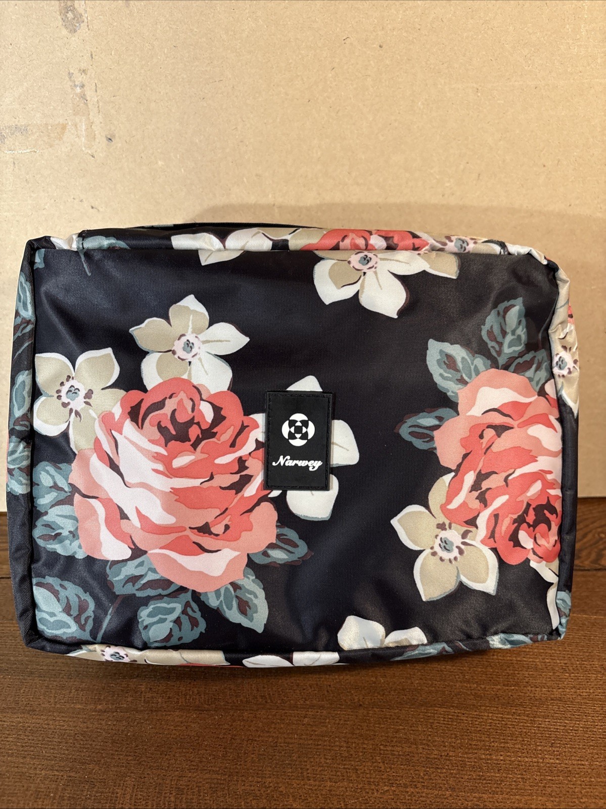 Narwey Large Zip Makeup Care Bag Travel Accessory Pouch Black Pink Floral
