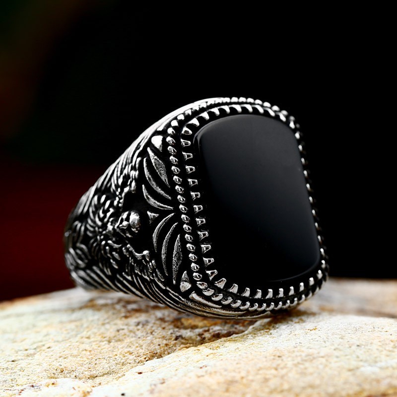 Men's Black Stainless Steel Ring Vintage Punk Square Stone Fashion Jewelry