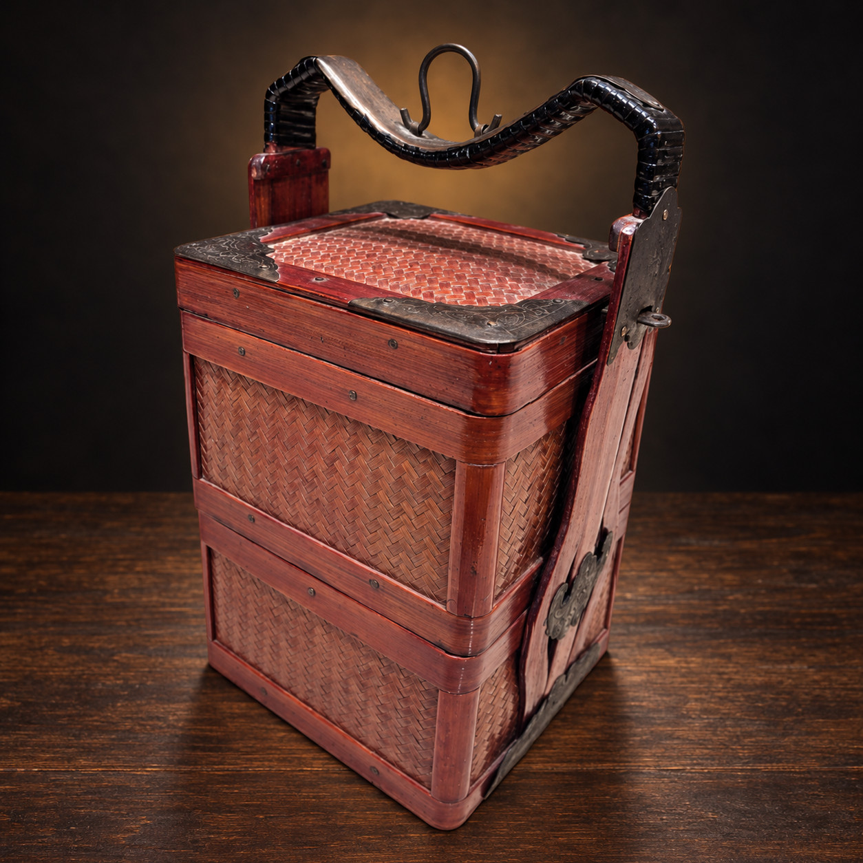 Circa 1930s-50s Chinese 2-Tier Wedding Basket Woven Bamboo Red Lacquer 9 in Tall