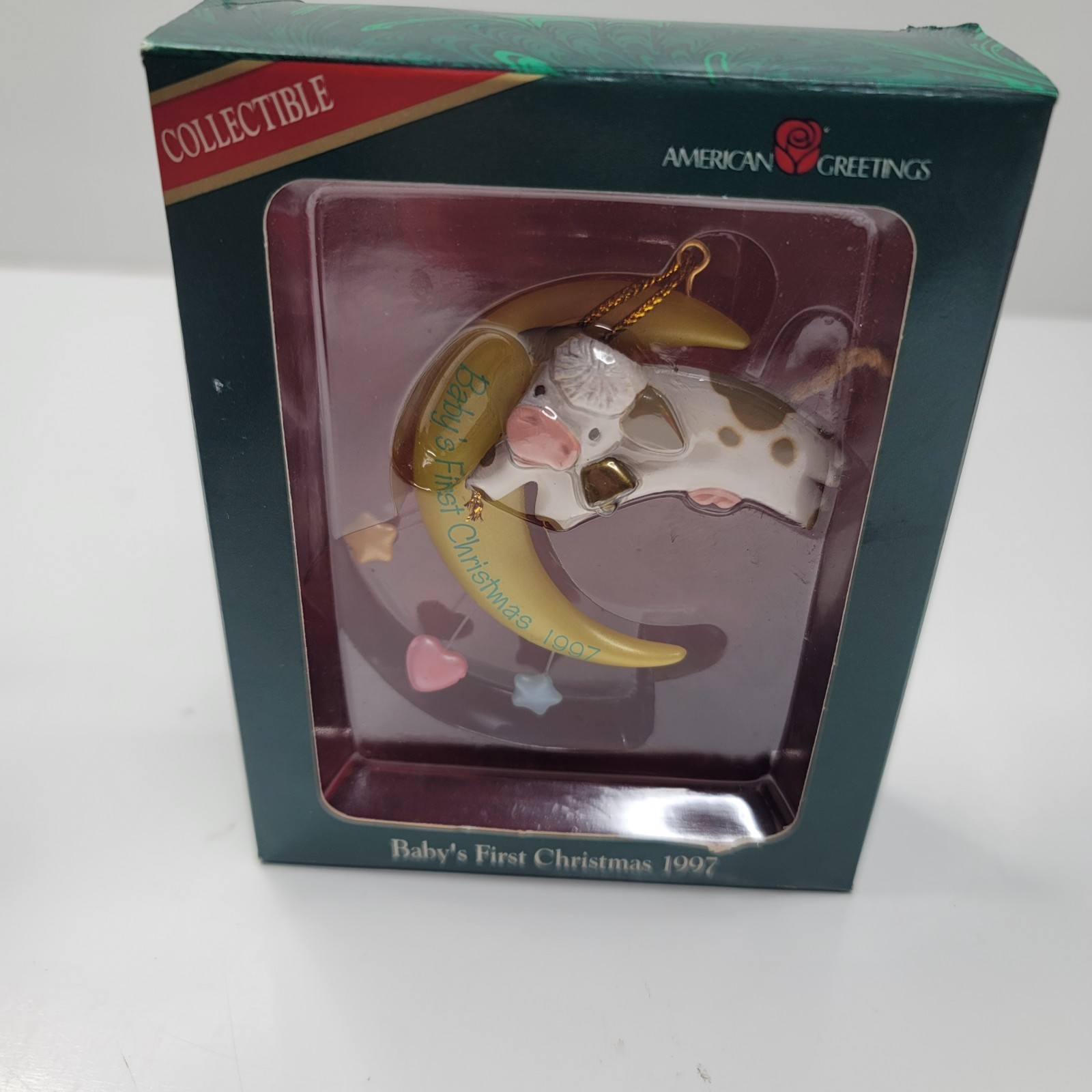 Vintage American Greetings Baby\'s First Christmas 1997 Ornament Cow Moon Sealed 