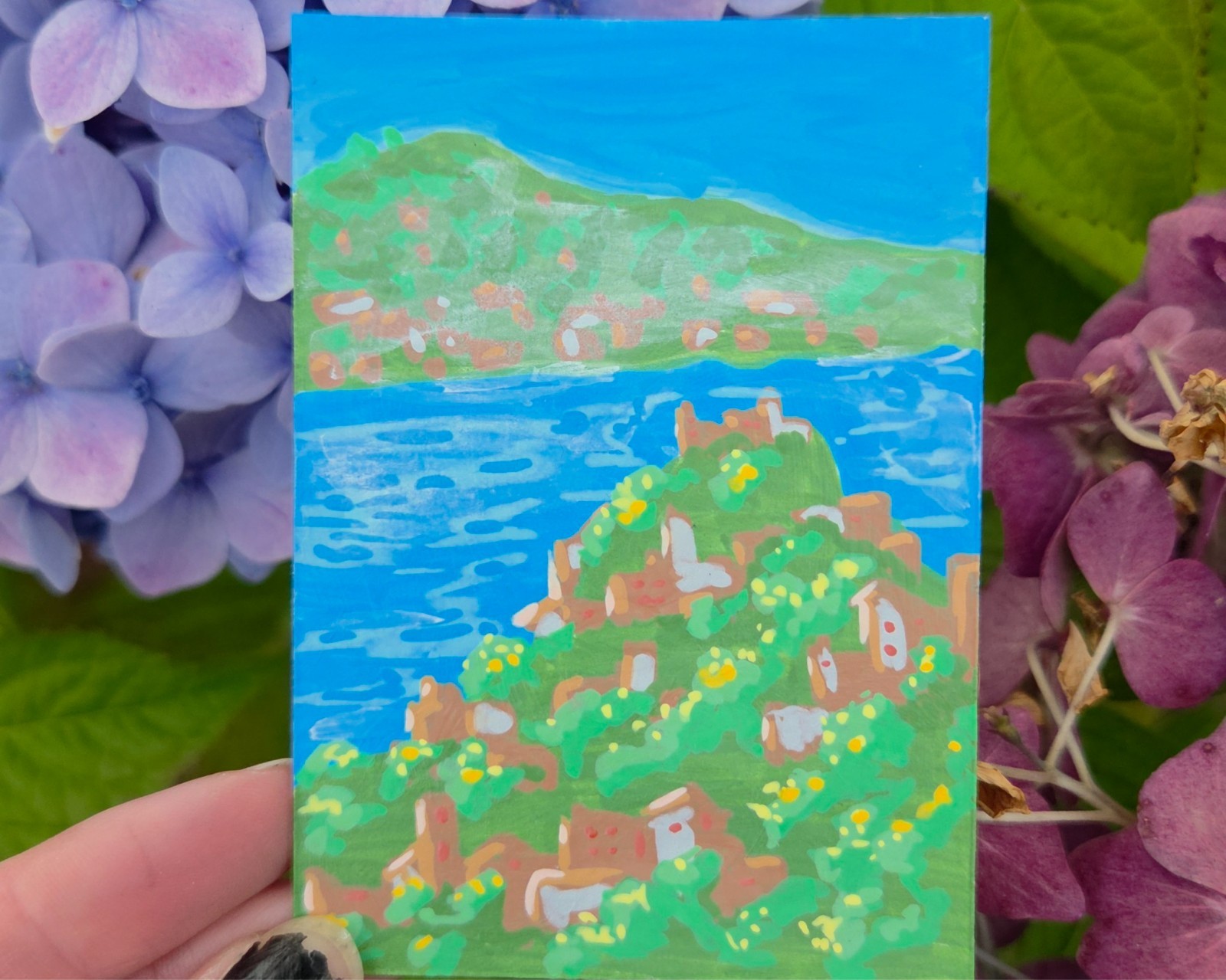 Original ACEO signed Hillside City landscape ocean blue green acrylic