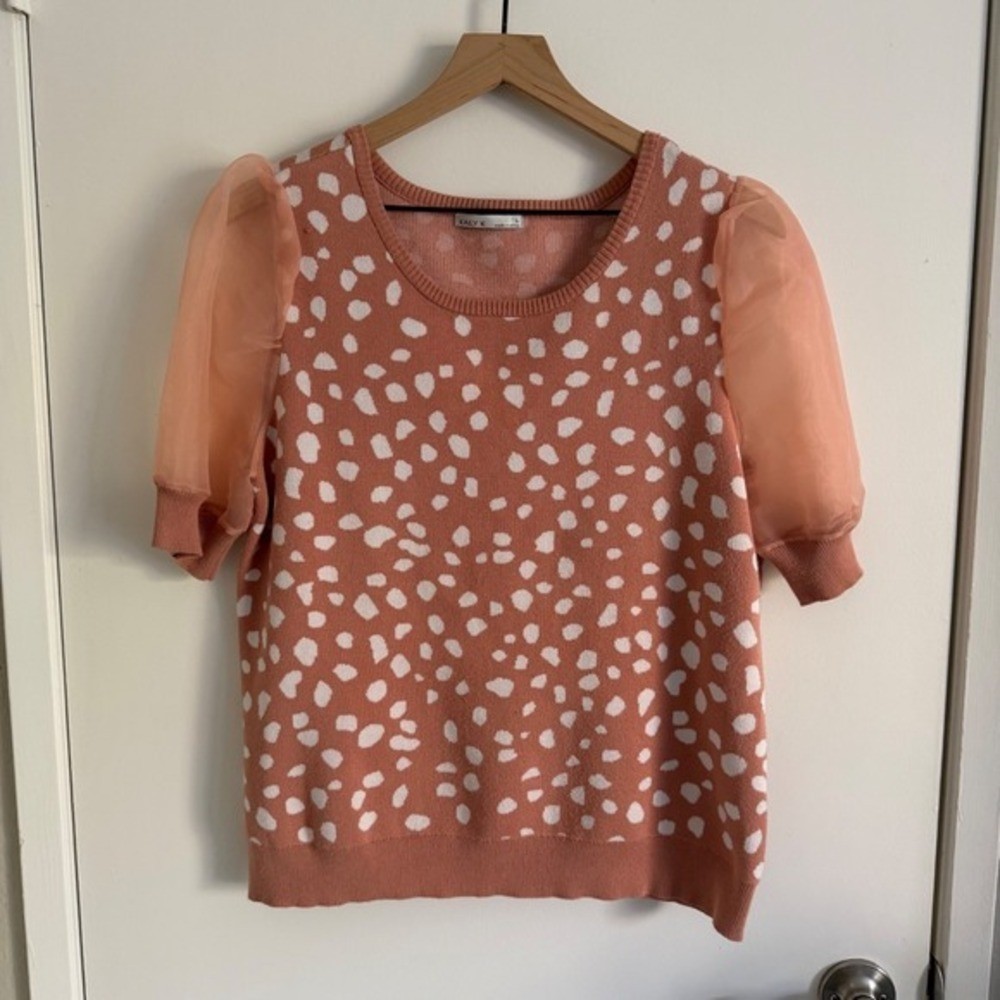 Kaily K Womens Peach White Polka Dot Sheer Puff Sleeve Knit Sweater Top Girlhood Kaily K Womens Peach White Polka Dot Sheer Puff Sleeve Knit Sweater Top Girlhood