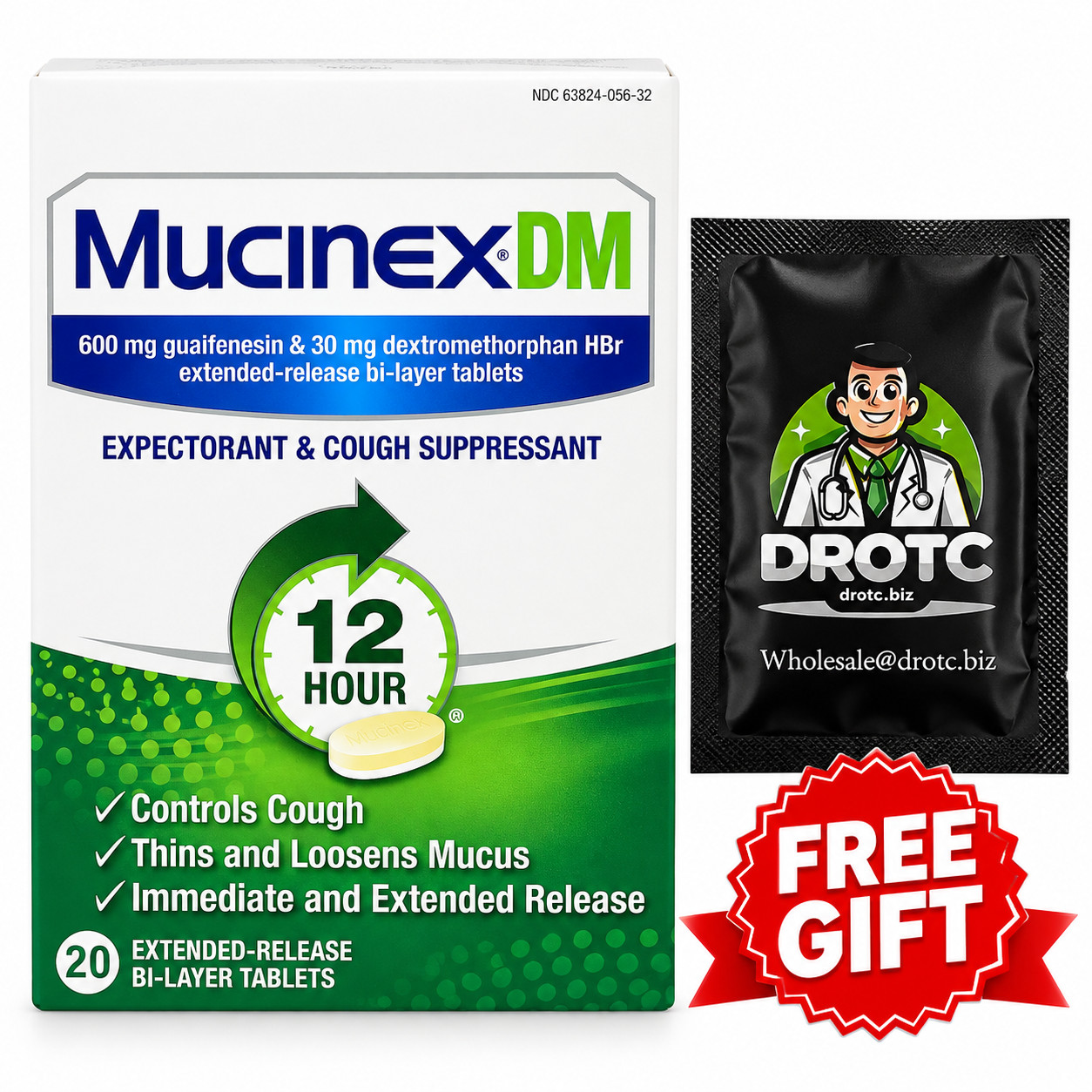 Mucinex DM 12Hr Chest Congestion & Cougs 20 Bi-Layer Tablet + Free Wipe EXP 6/27