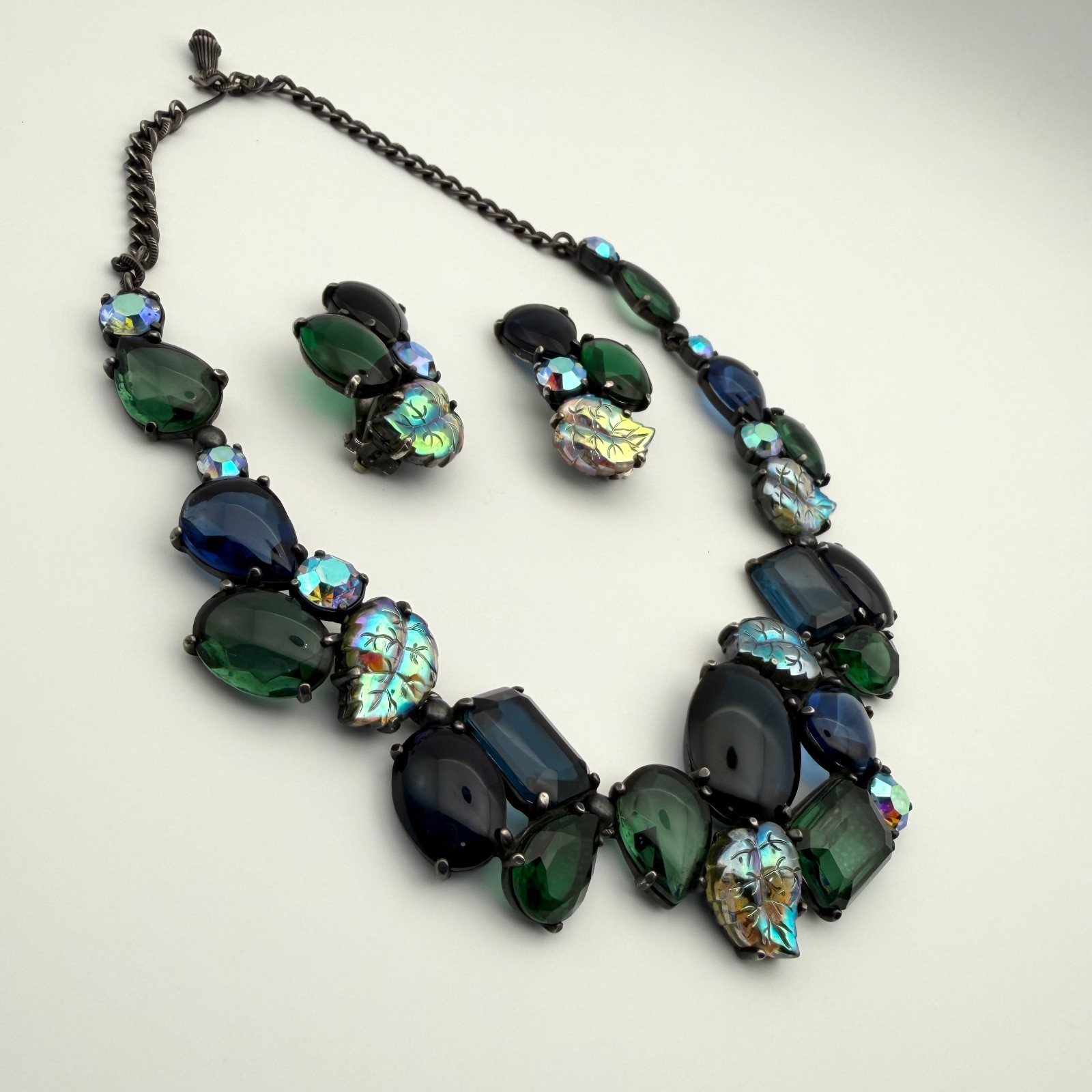 Elsa Schiaparelli Demi Parure Shades of Blue/Green c. 1955 AB Glass Molded Leaf