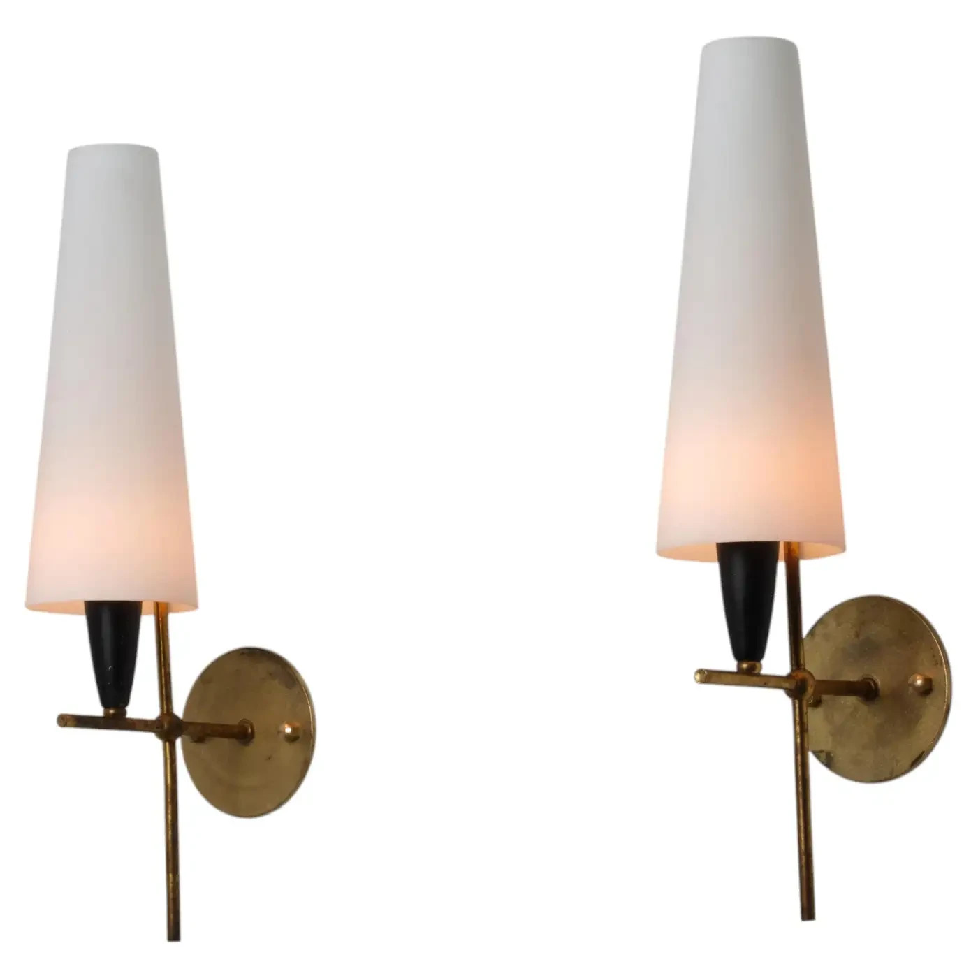 Large Pair of 1950s Italian Brass & Opaline Glass Wall Lights Mid Century