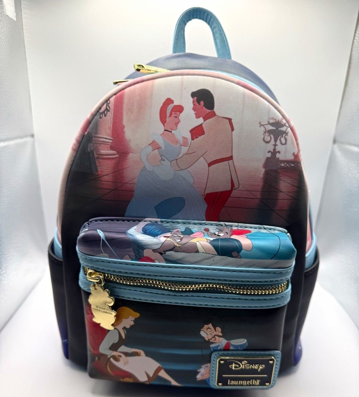 Loungefly Disney Cinderella Mini Backpack Front Zip Pocket Blue Pink Black NWT