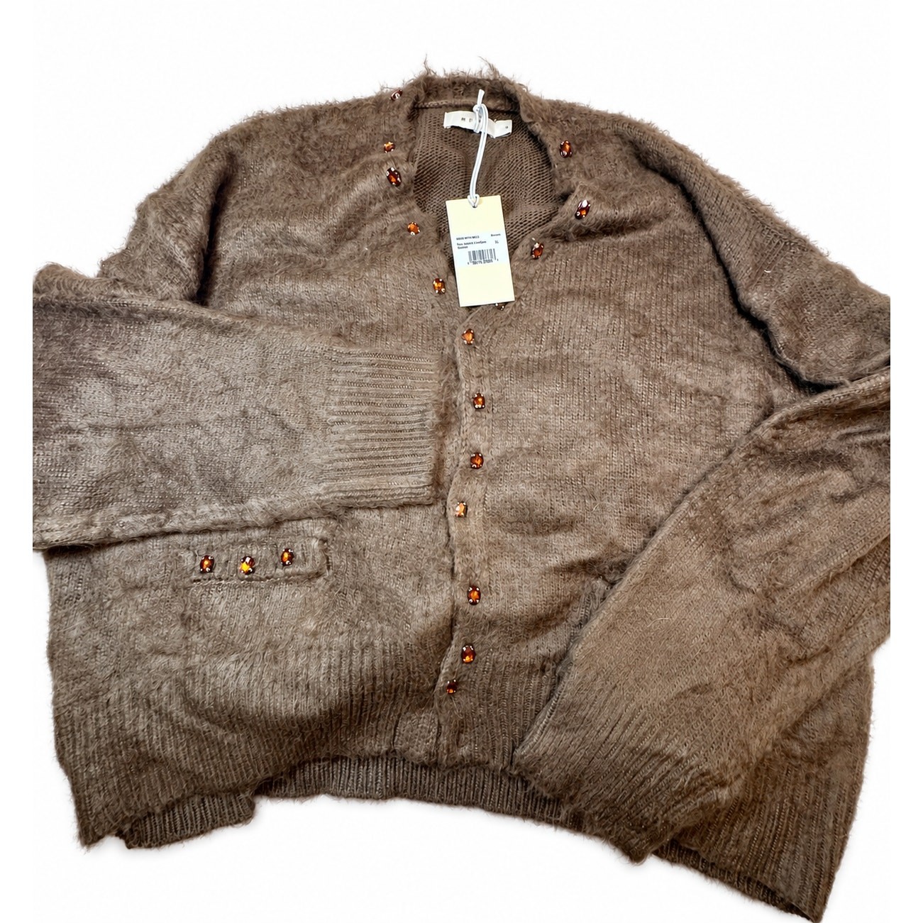 MNML Sky Jeweled Cardigan Sweater Men’s XL Brown Rhinestone Fuzzy Knit NWT Flaw