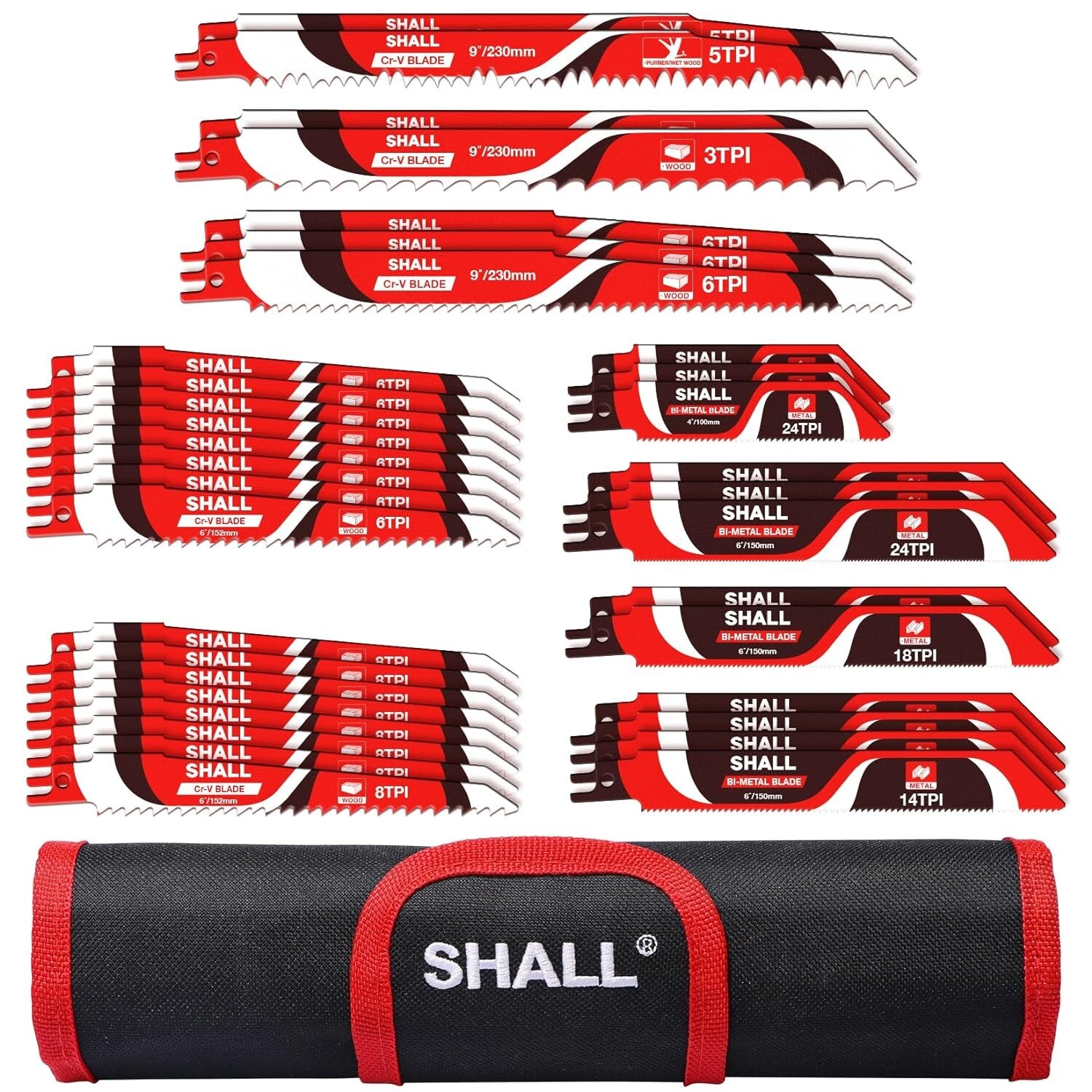 SHALL 34-Piece Reciprocating Sabre Saw Blades Set for Wood & Metal SHALL 34-Piece Reciprocating Sabre Saw Blades Set for Wood & Metal