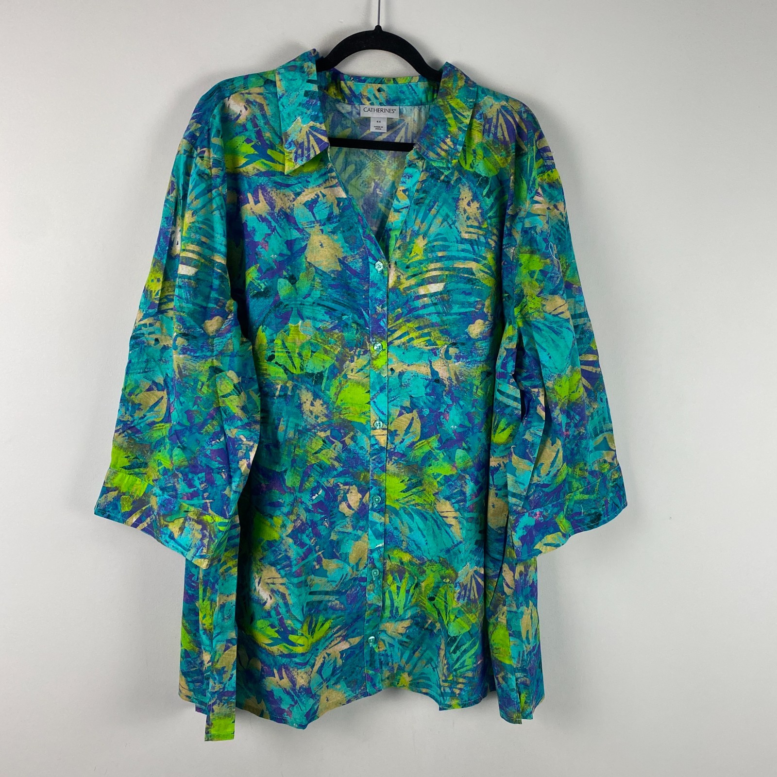 Catherines Button Up Shirt Size 4X Lightweight Cotton 3/4 Sleeves Blue Green