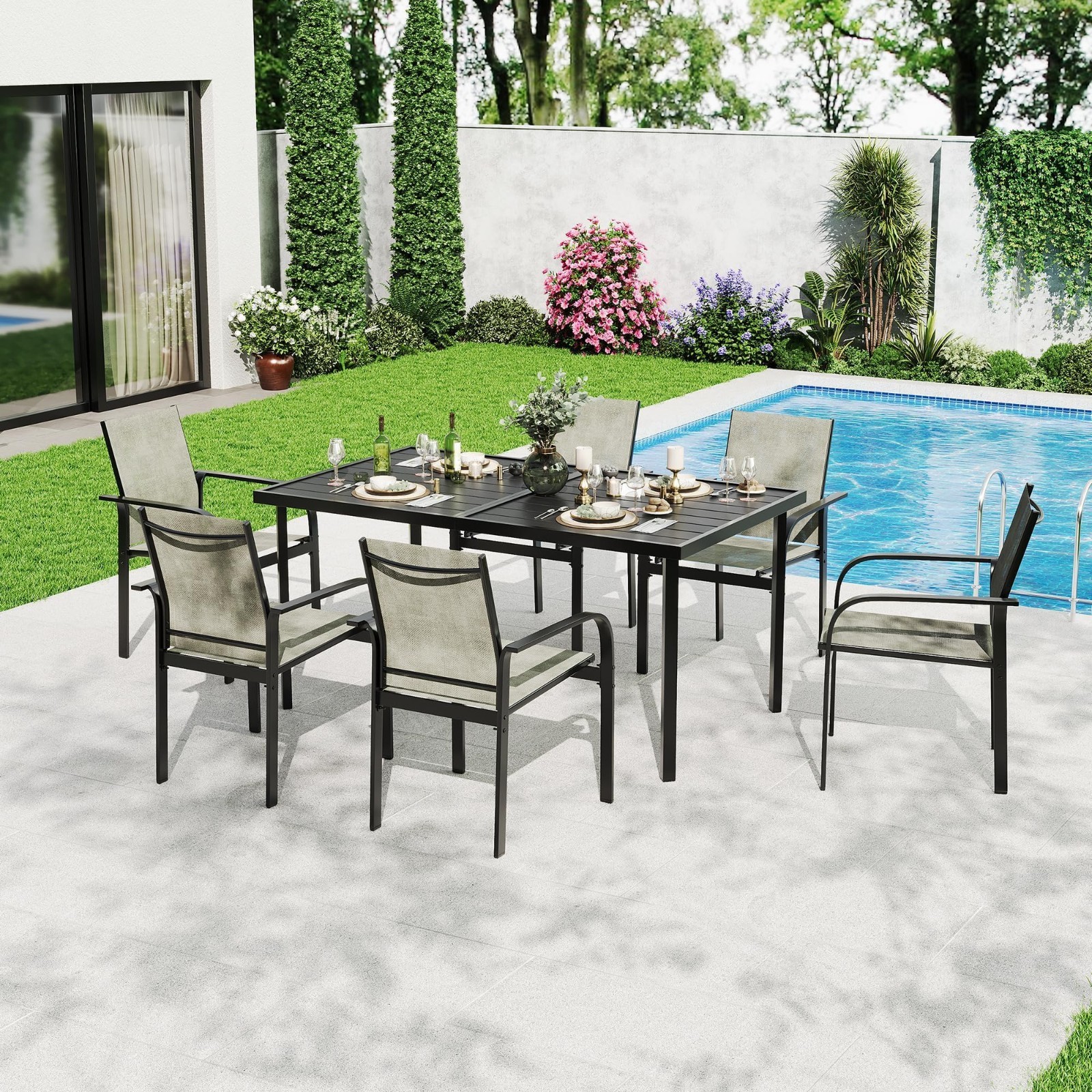 7PCS Rattan Patio Furniture Set Outdoor Dining Set Table w/6 Chairs Umbrella Hol