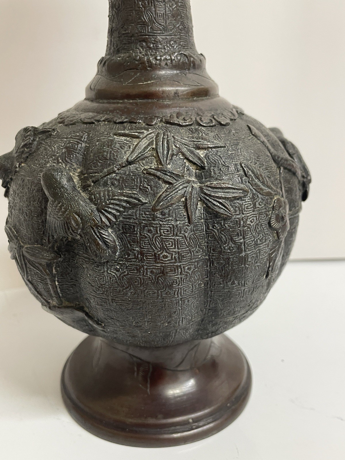 JAPANESE Meiji Era Rare Dark Patina Finish Bronze Dragon & Birds Vase 13 1/2