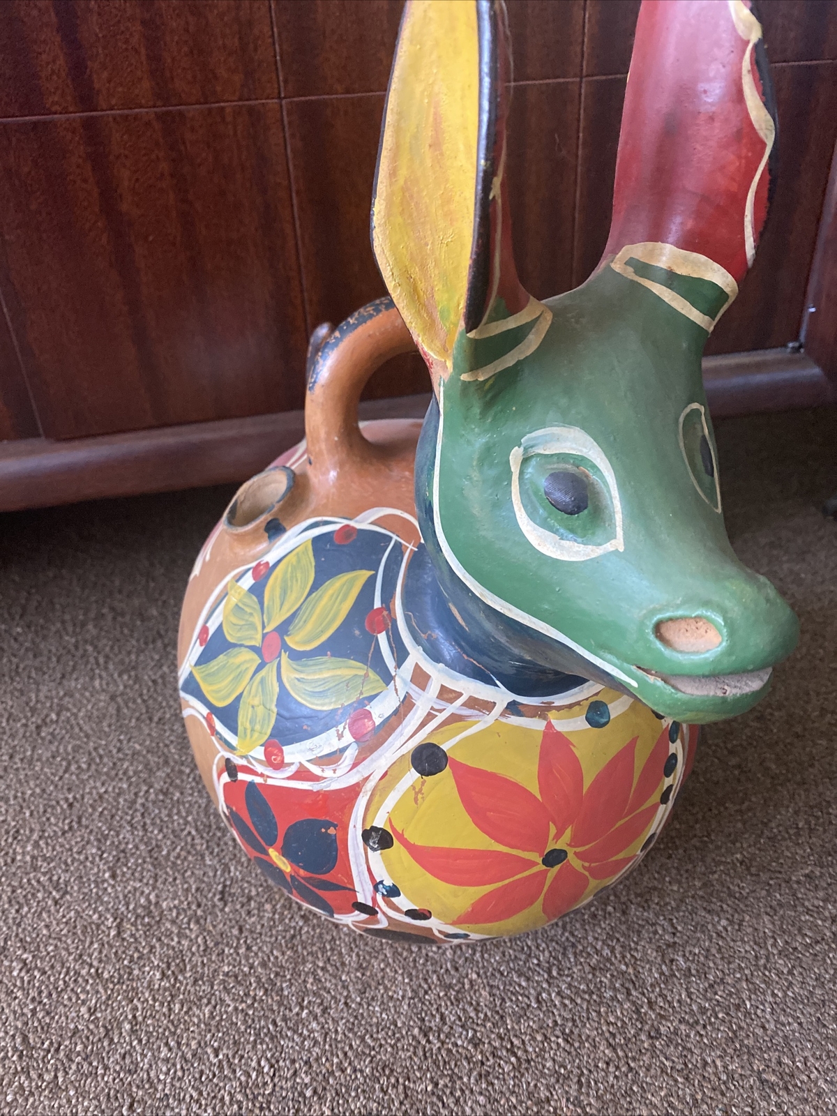 Vintage Mexican Hand Painted Folk Art Pottery Water Jug