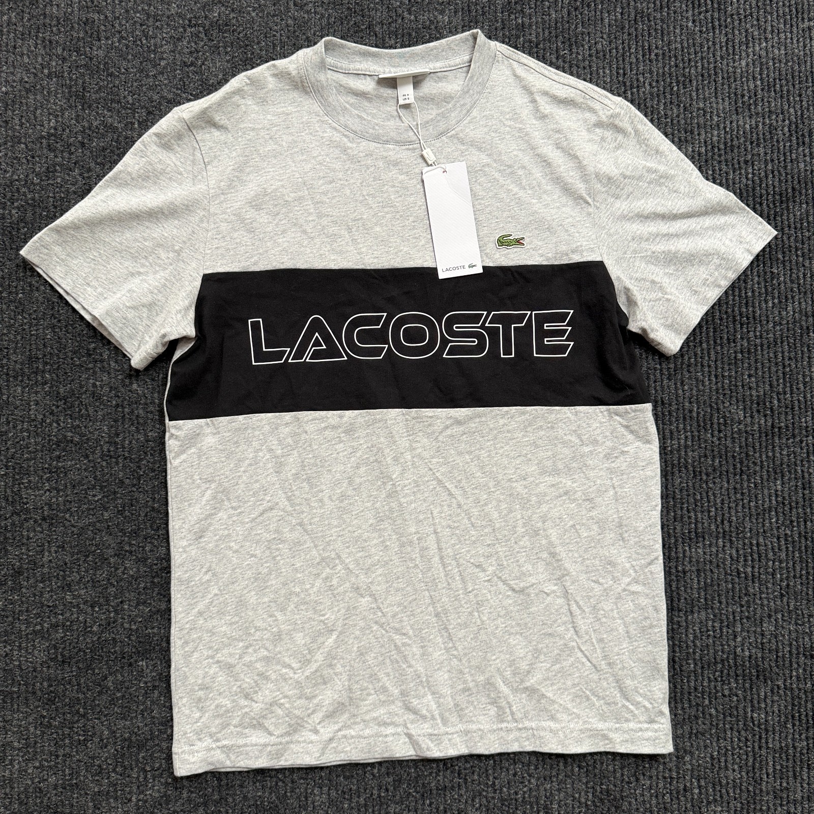 NWT Lacoste Mens Colorblock Big Logo T-Shirt Gray Black Size Small FR 3 TH1712 NWT Lacoste Mens Colorblock Big Logo T-Shirt Gray Black Size Small FR 3 TH1712