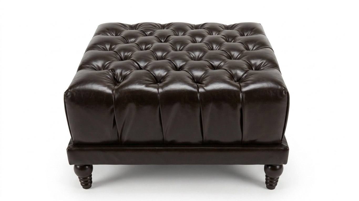 Luxury Dk Brown Tufted Leather Ottoman Bench w/ Turned Wood Legs – Chesterfield