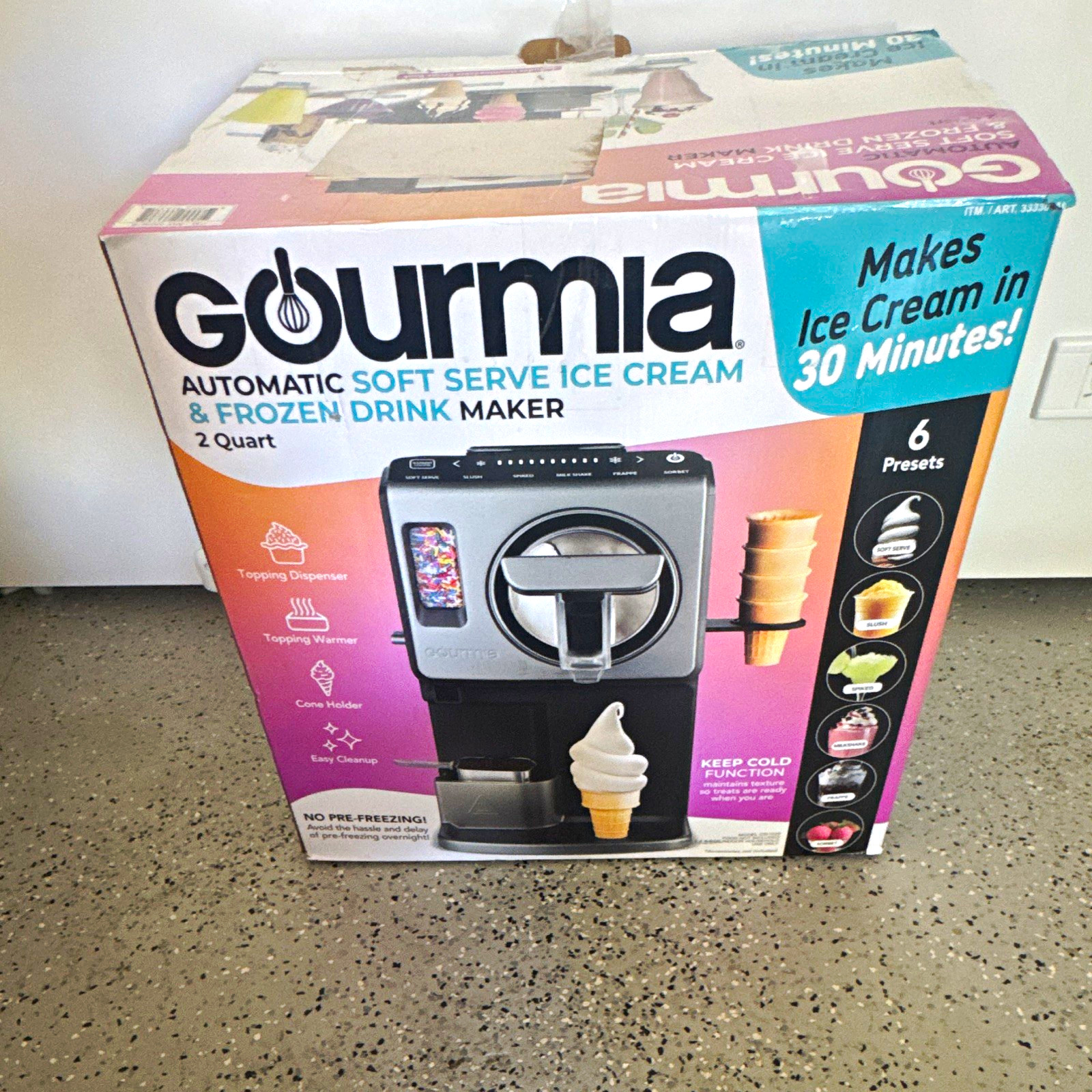 Gourmia 2 Qt Soft Serve Maker 6 Presets Topping Dispenser 180W 120V