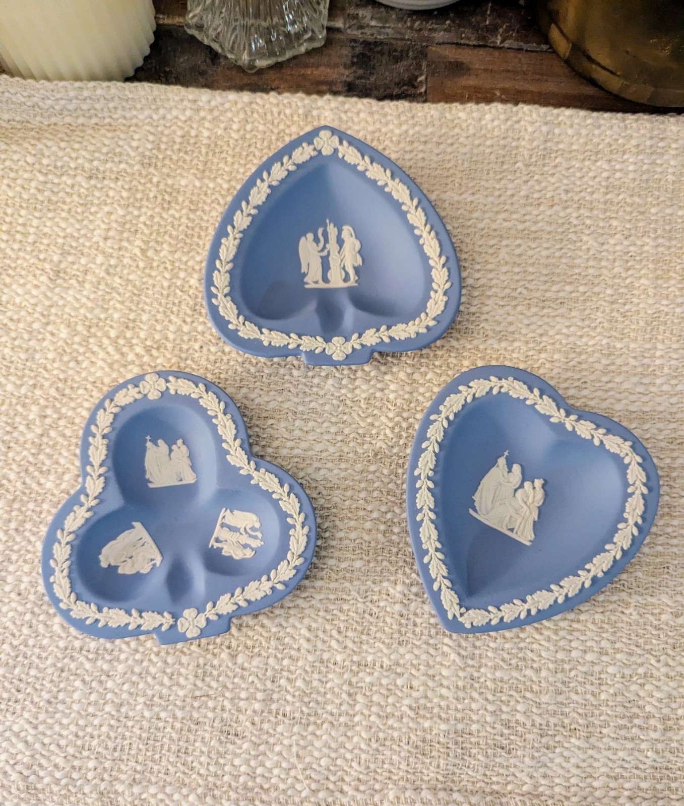 Wedgwood Blue Jasperware Pin Trinket Dishes Set of 3 Heart Spade Trefoil