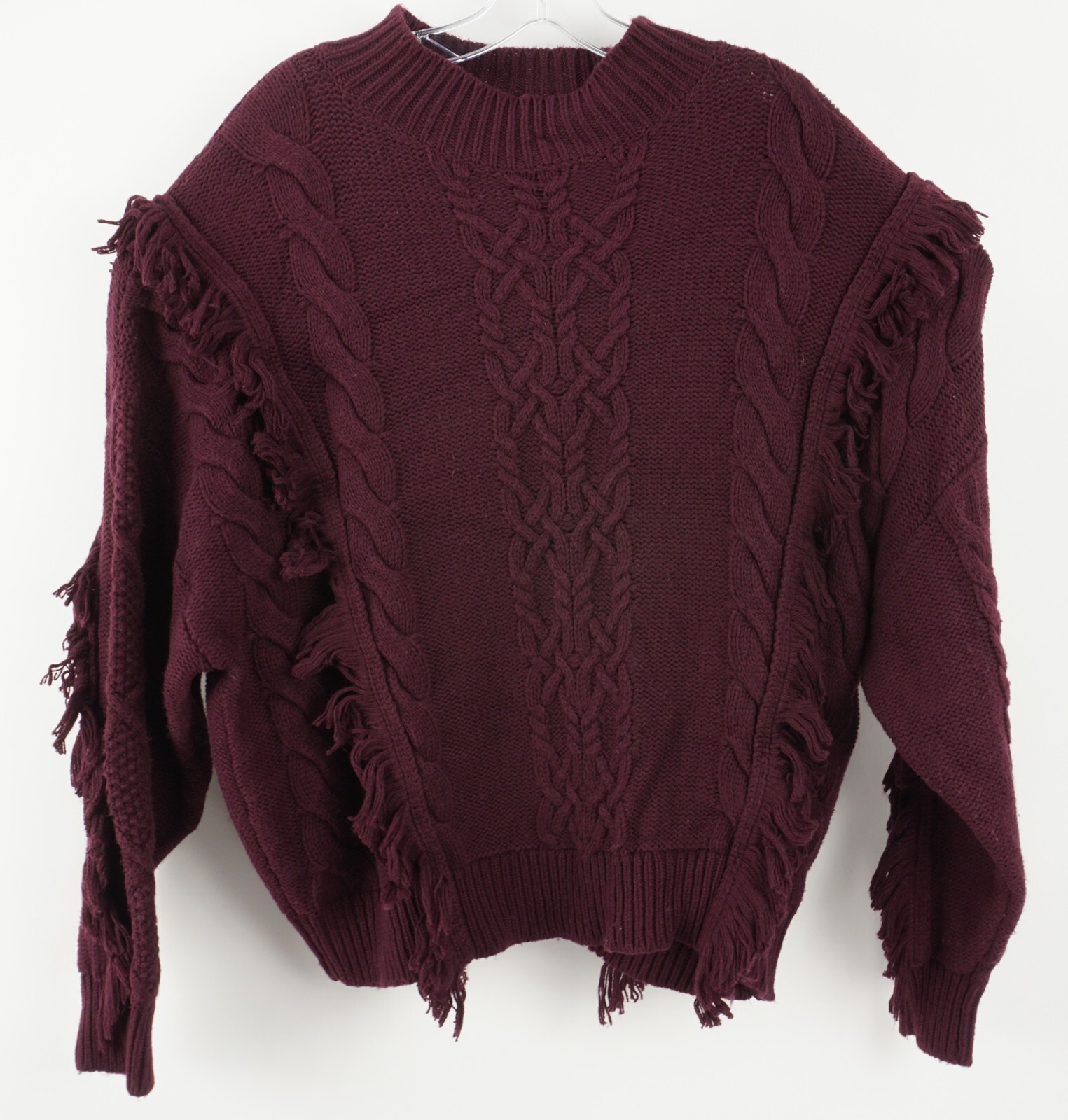New Leith Cable Knit Fringe Sweater Women\'s Size 2X Burgundy Cotton Blend Mock