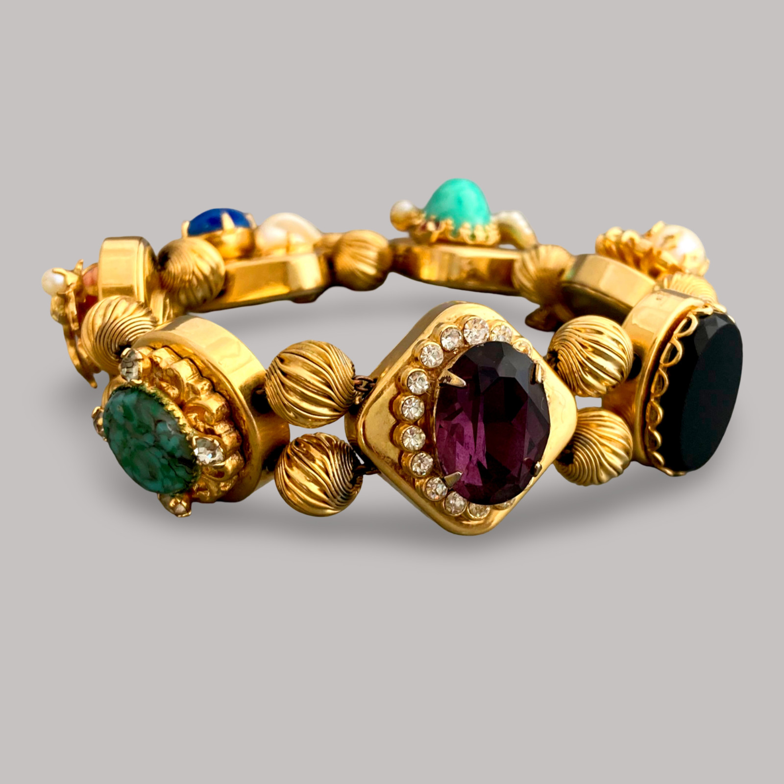 Vintage Signed VENDOME Victorian Revival Art Glass Rhinestone Slide Bracelet